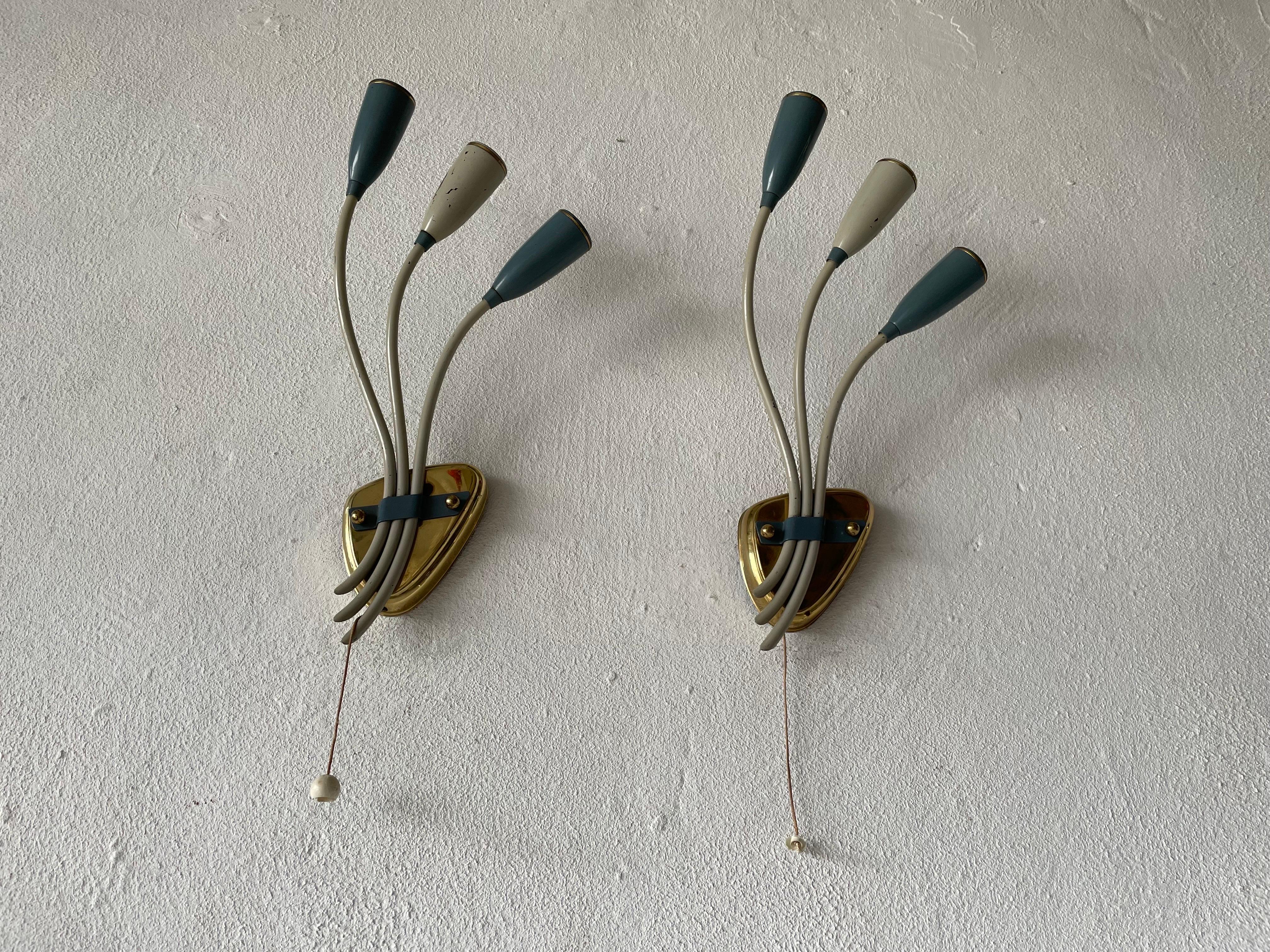 Brass 3-head Blue and White Metal Pair of Sputnik Sconces, 1950s, Germany For Sale