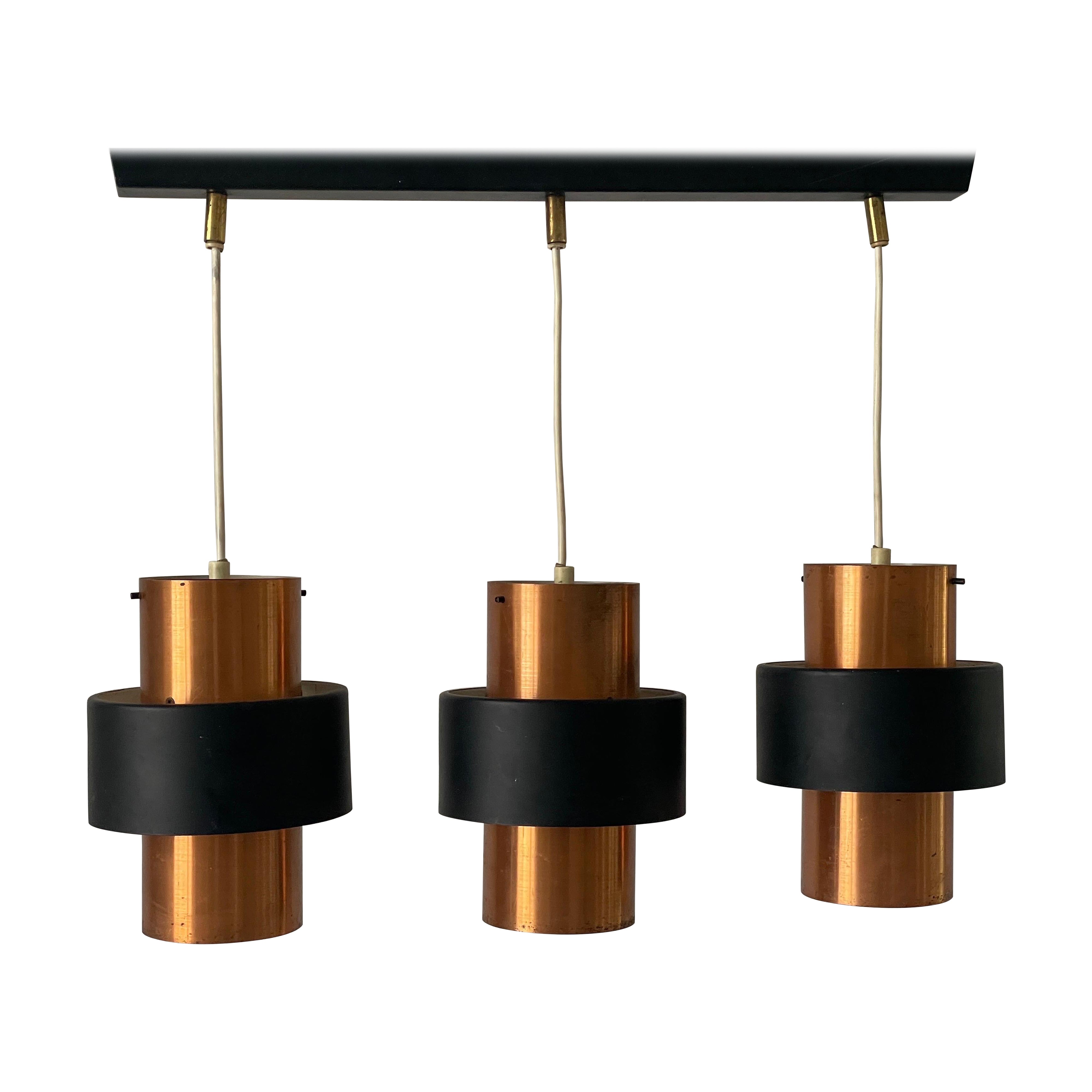 3-Head Enameled Black And Gold Coloured Metal Ceiling Lamp, 1970s, Germany For Sale