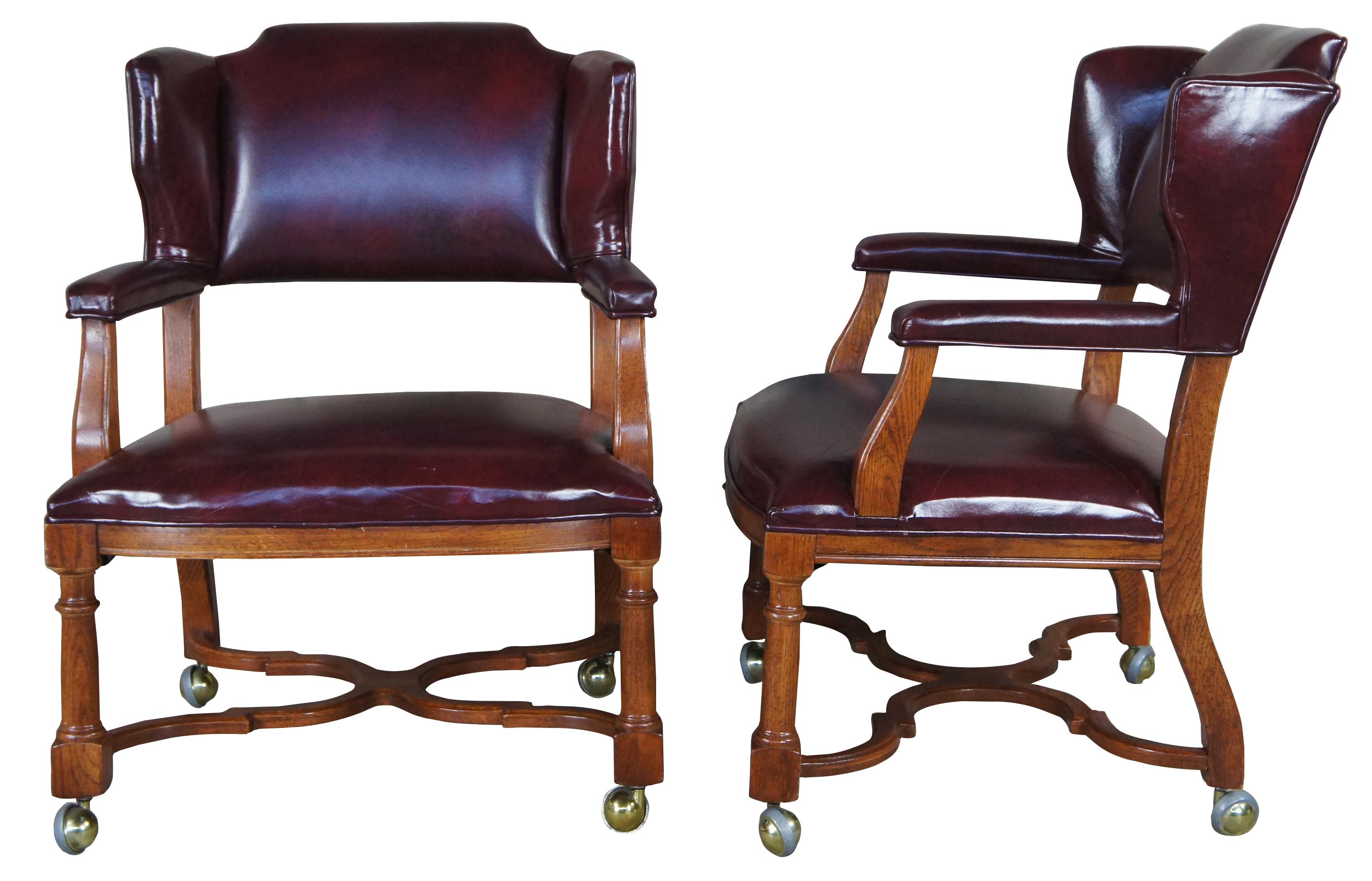 Mid-Century Modern 3 Hickory Manufacturing Traditional Oak & Burgundy Leather Wing Back Club Chairs