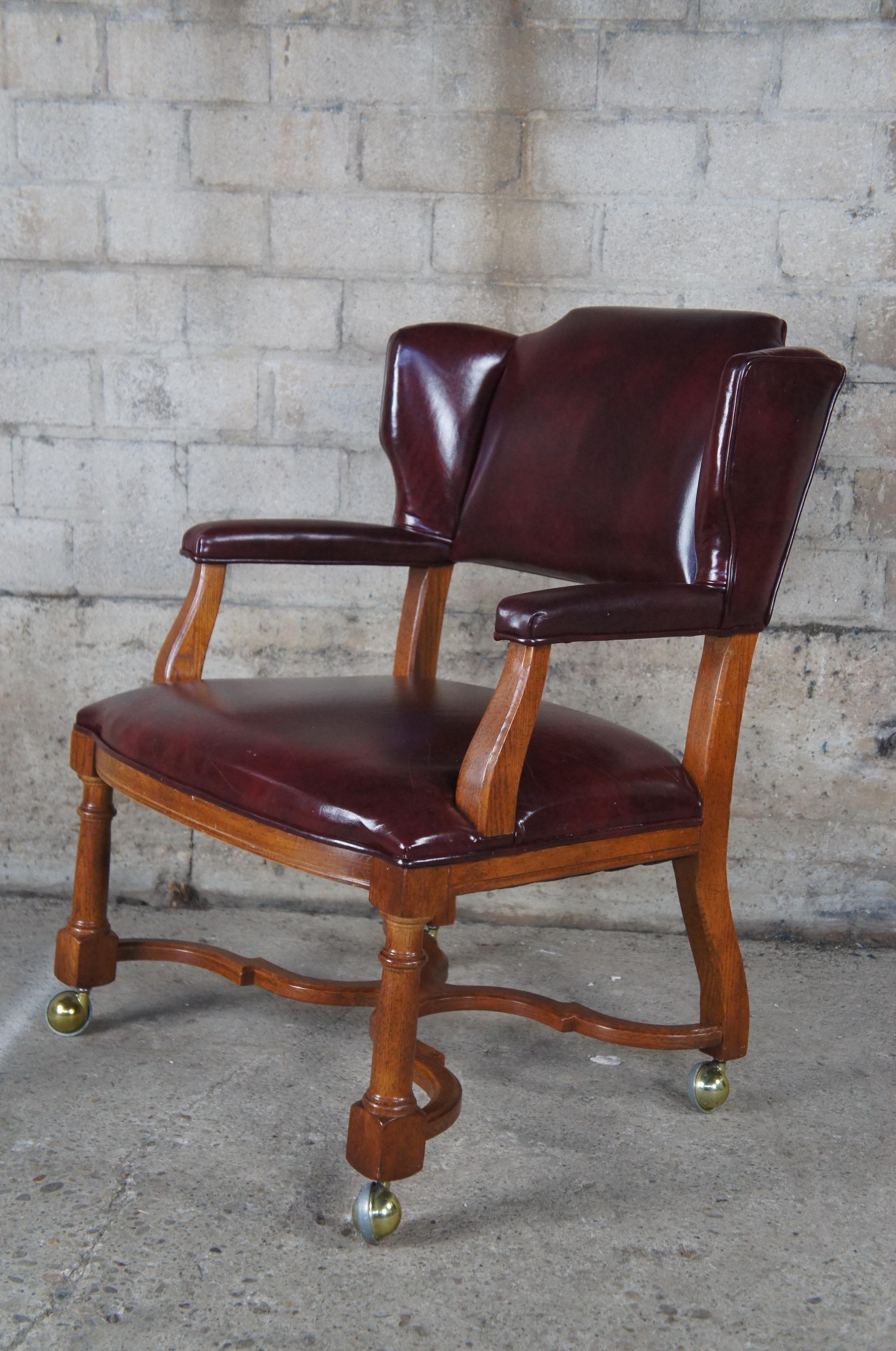 3 Hickory Manufacturing Traditional Oak & Burgundy Leather Wing Back Club Chairs In Good Condition In Dayton, OH