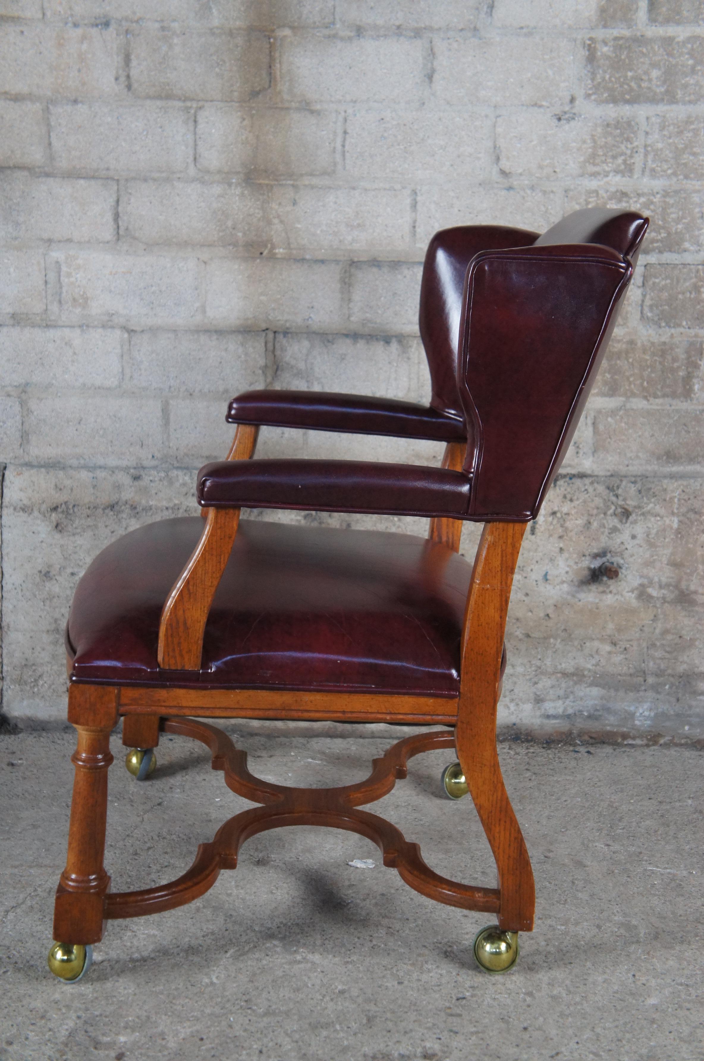 20th Century 3 Hickory Manufacturing Traditional Oak & Burgundy Leather Wing Back Club Chairs