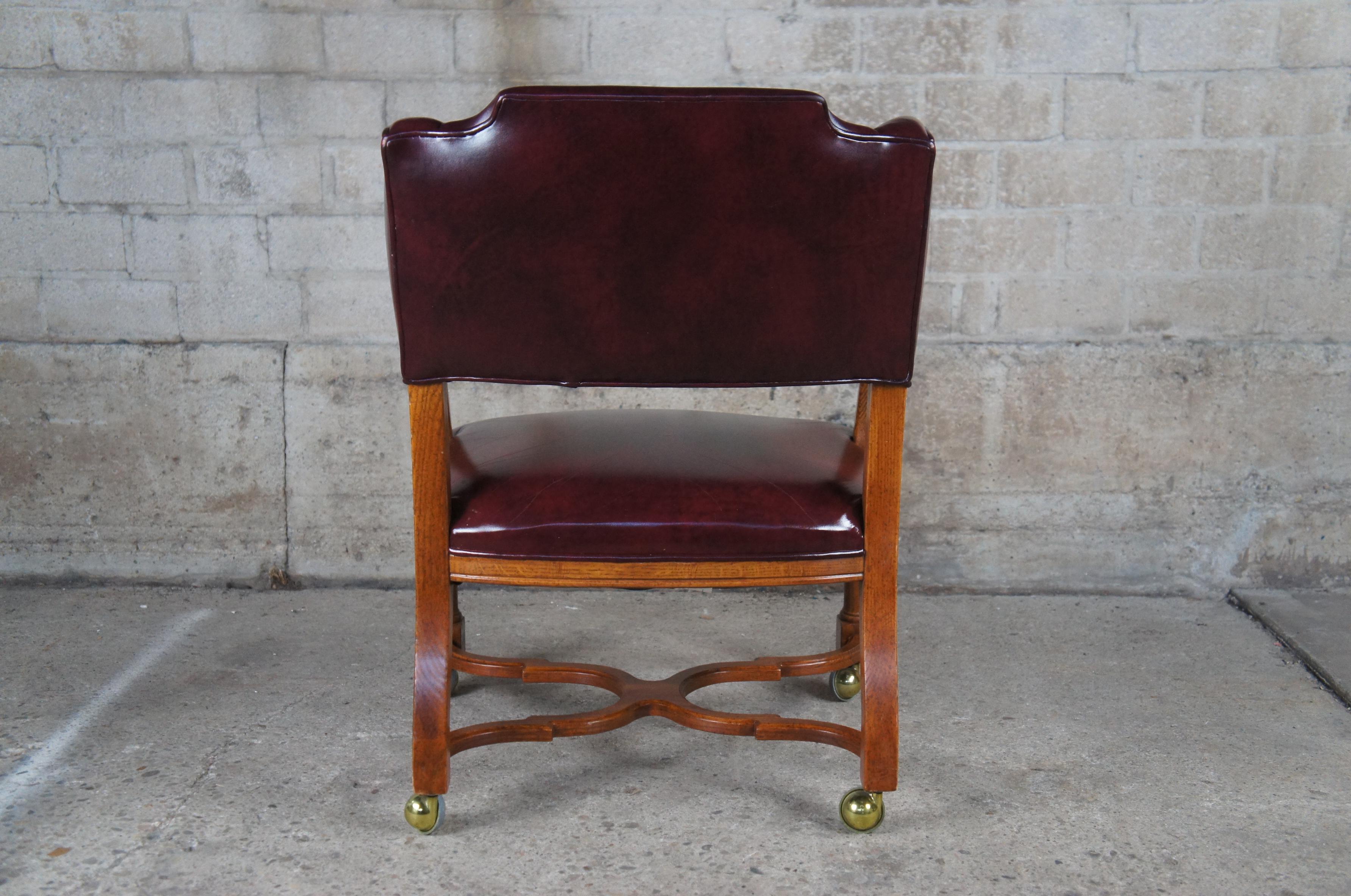 3 Hickory Manufacturing Traditional Oak & Burgundy Leather Wing Back Club Chairs 2