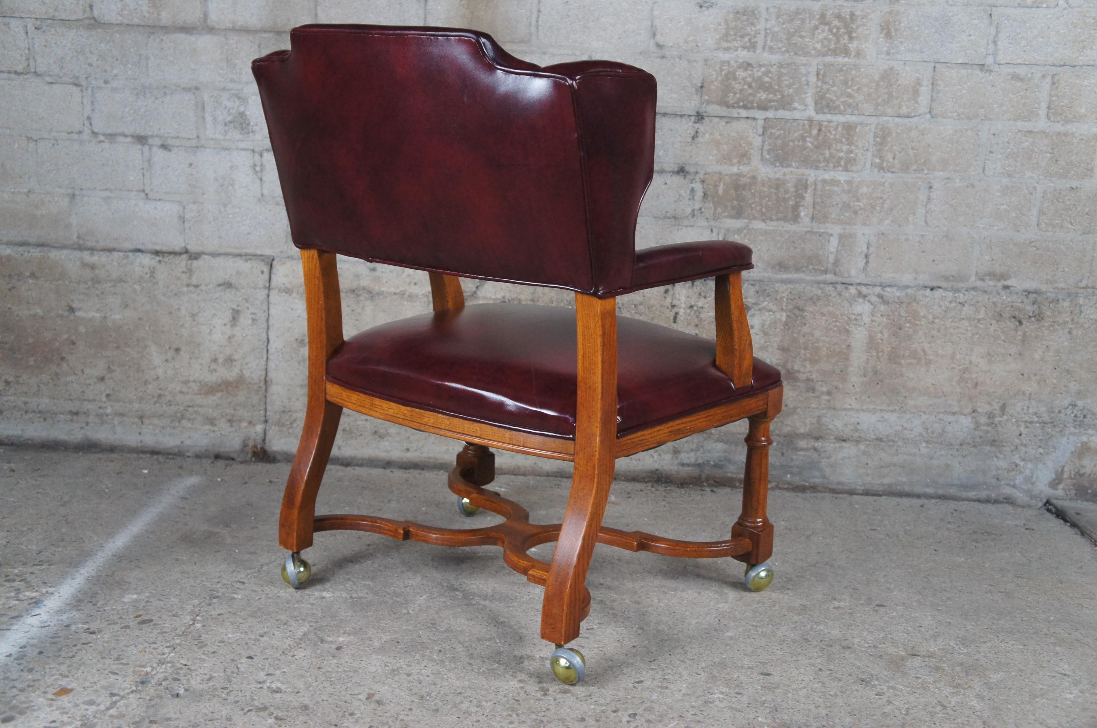 3 Hickory Manufacturing Traditional Oak & Burgundy Leather Wing Back Club Chairs 3