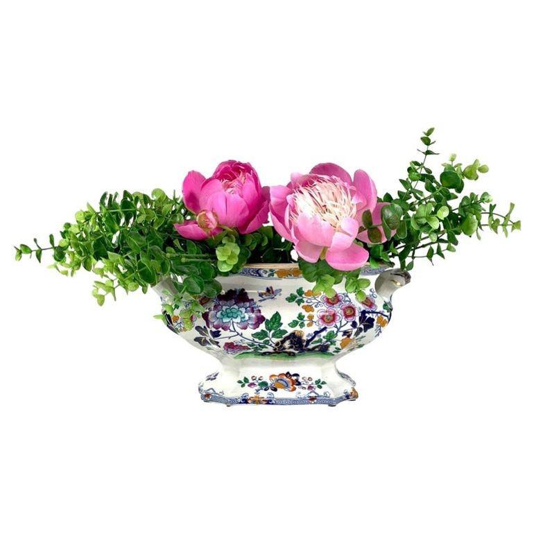 3 Hicks and Meigh Ironstone Pieces; Bowl, Platter, Tureen, England Circa 1820
The three items are decorated with a beautiful garden scene showing a blossoming fruit tree rising from blue rockwork, oversized white and pink peonies, oche-colored
