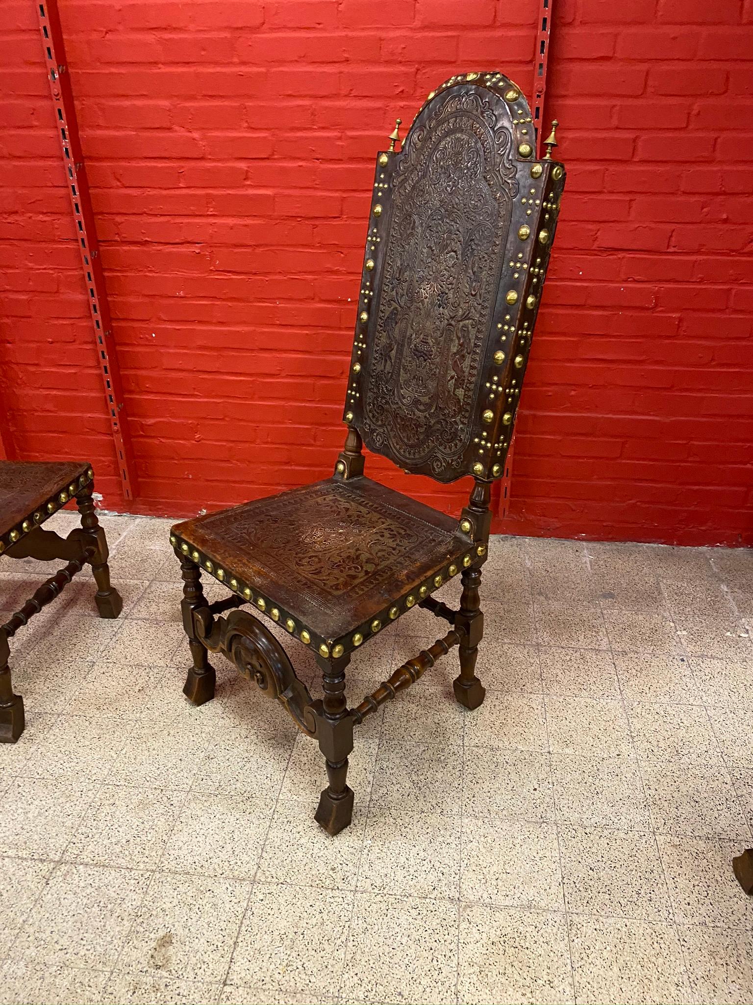3 chaises à haut dossier, garniture en cuir Cordoba avec décor amérindien, Espagne en vente 10