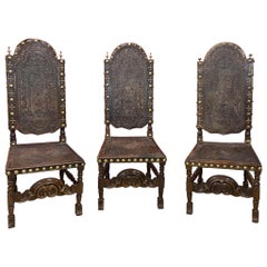 Antique 3 High-Backed Chairs, Cordoba Leather Trim with Native American Decor, Spain