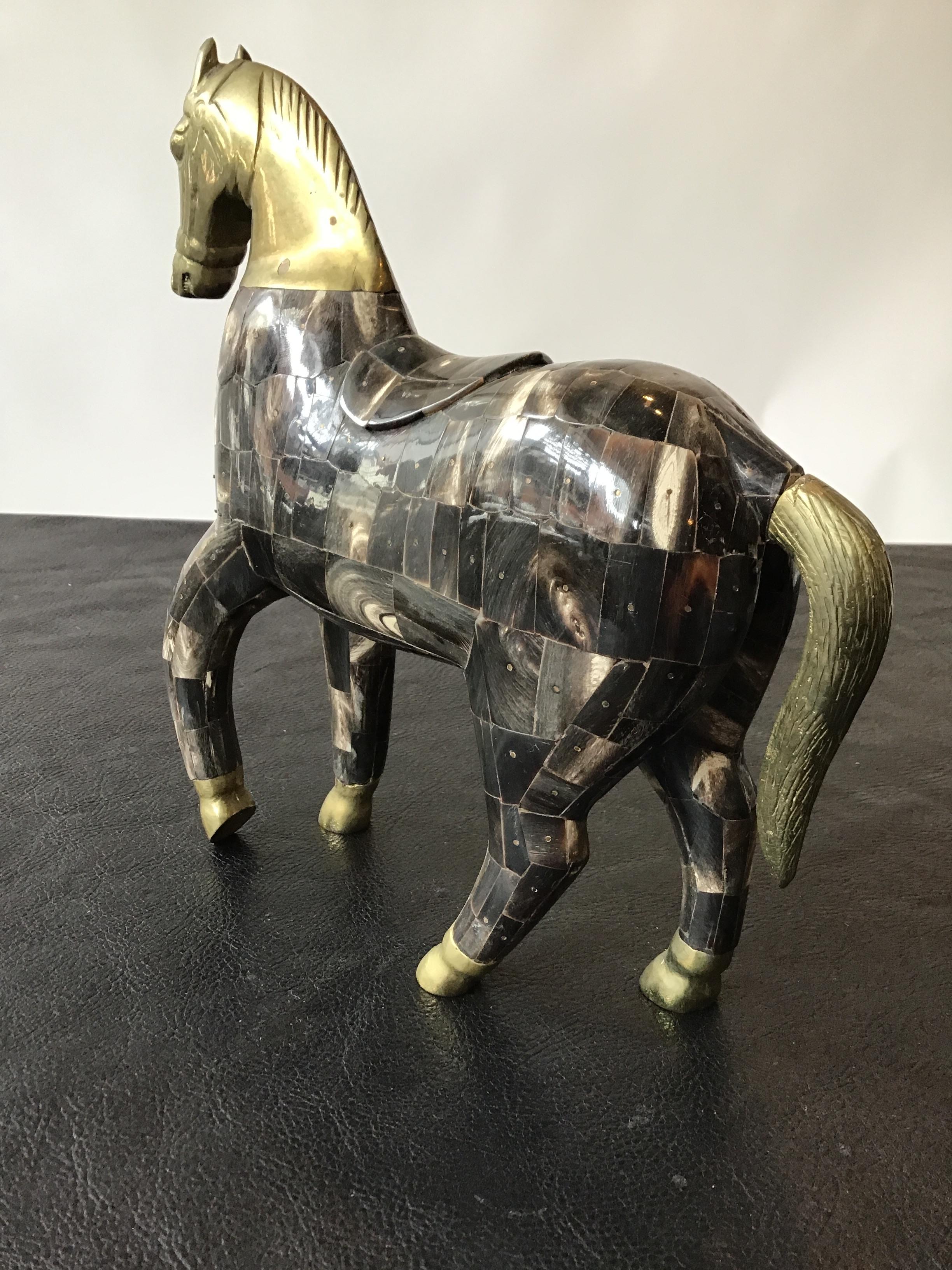 Late 20th Century 3 Horn and Brass Horses For Sale