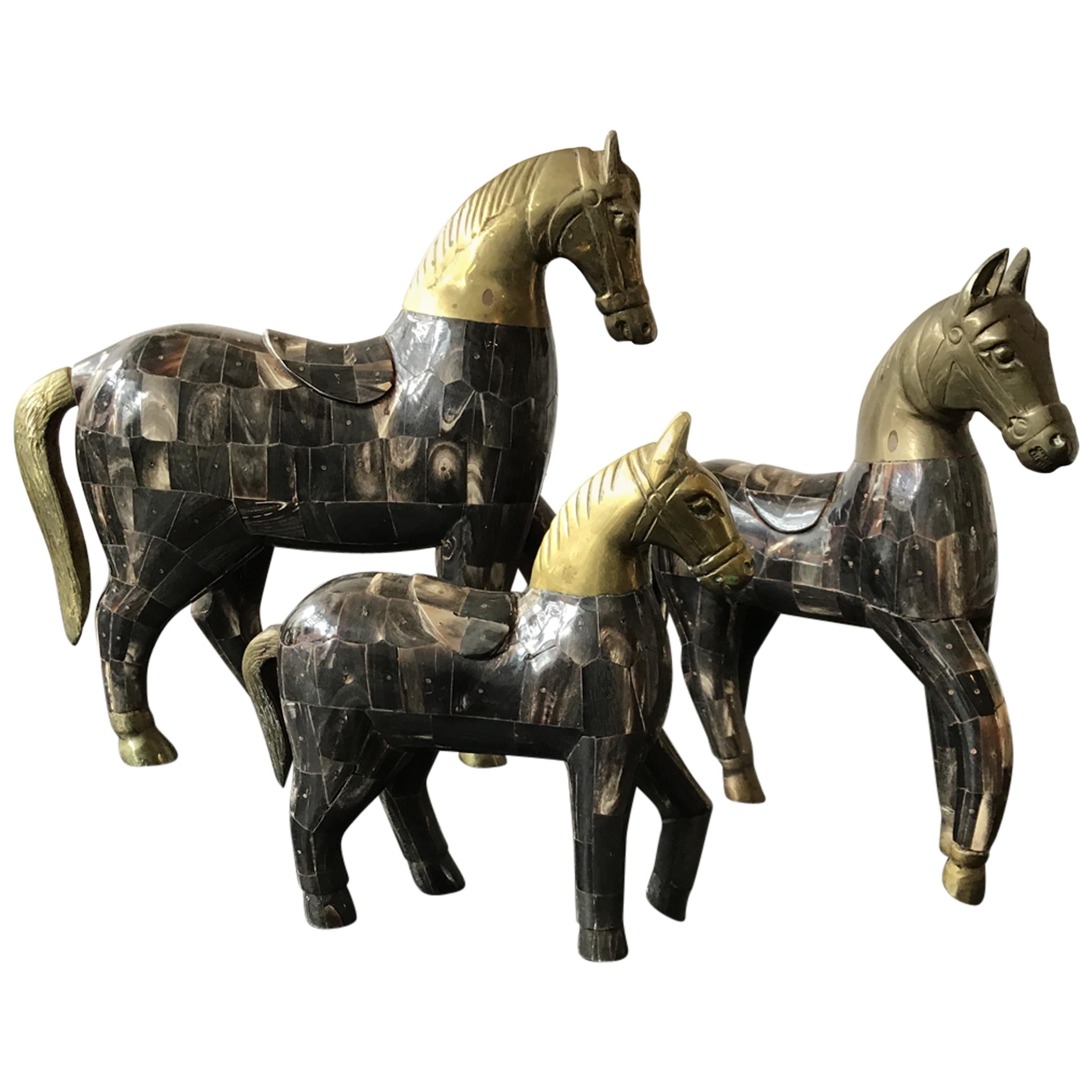 3 Horn and Brass Horses For Sale