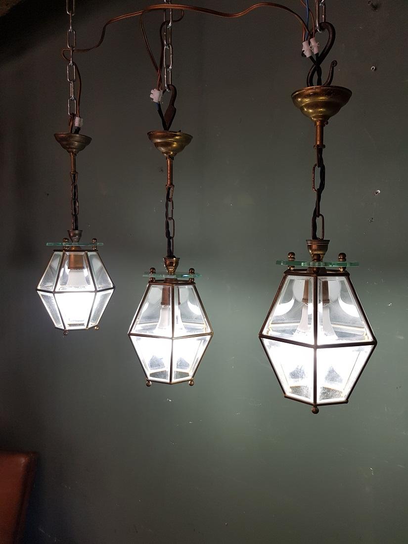 3 Identical French Brass Frame Pendants with Facet Cut Glass In Good Condition In Raalte, NL