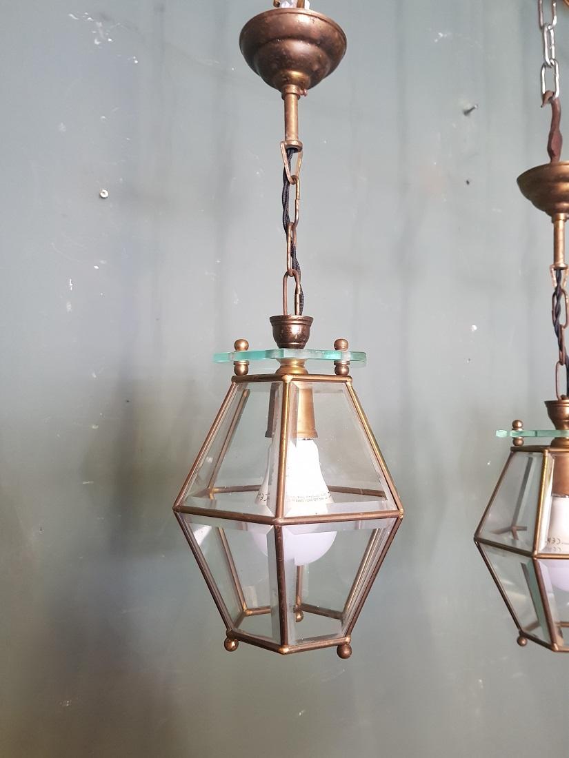 20th Century 3 Identical French Brass Frame Pendants with Facet Cut Glass