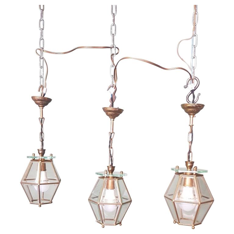 3 Identical French Brass Frame Pendants with Facet Cut Glass
