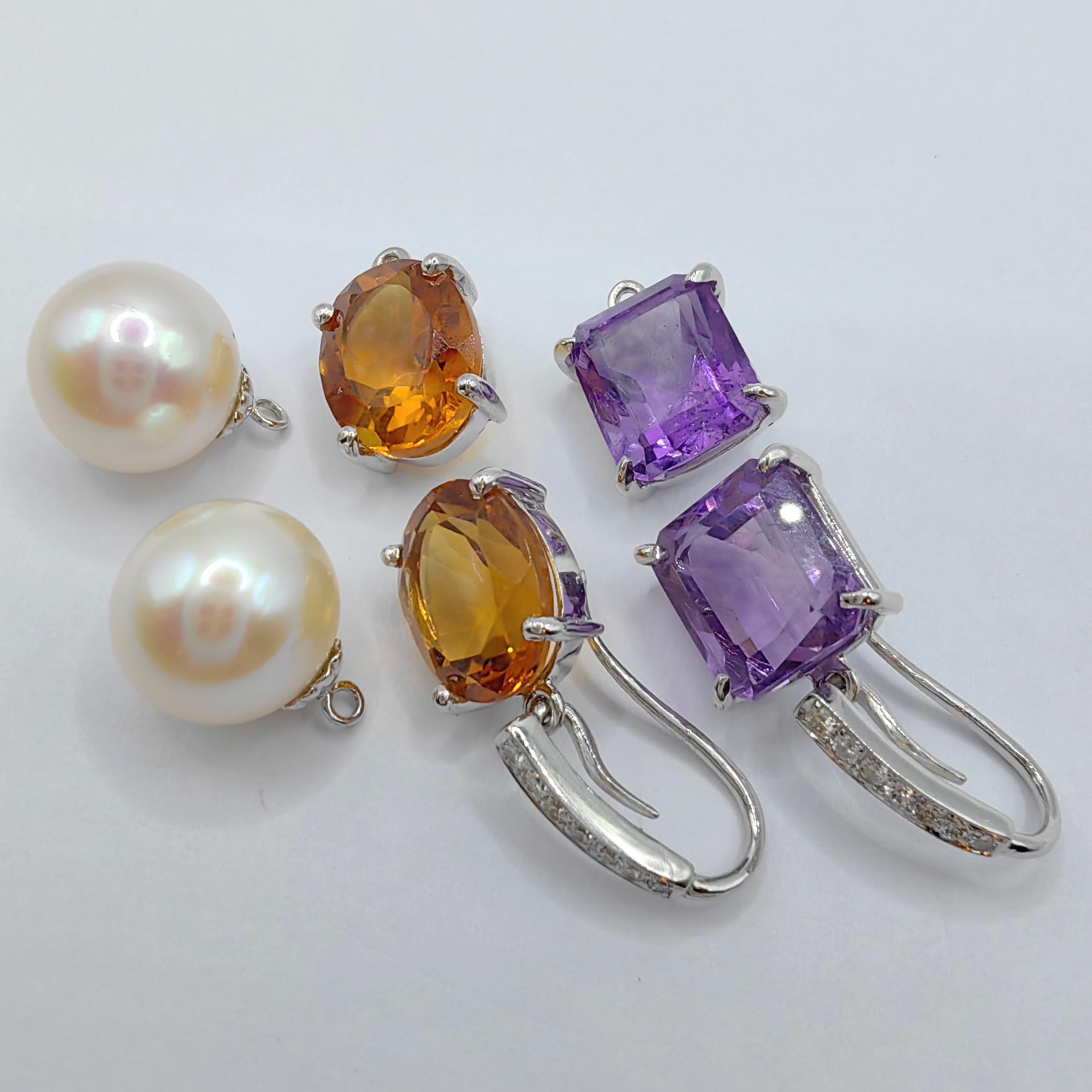 Introducing our exquisite 3-in-1 Amethyst/Citrine/Pearl Diamond 18K White Gold Drop Earrings Gift Set, a captivating collection that offers three distinct looks in one. This versatile set showcases the enchanting beauty of amethysts, citrines, and