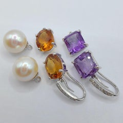 3-in-1 Amethyst/Citrine/Pearl Diamond 18K White Gold Drop Earrings Gift Set
