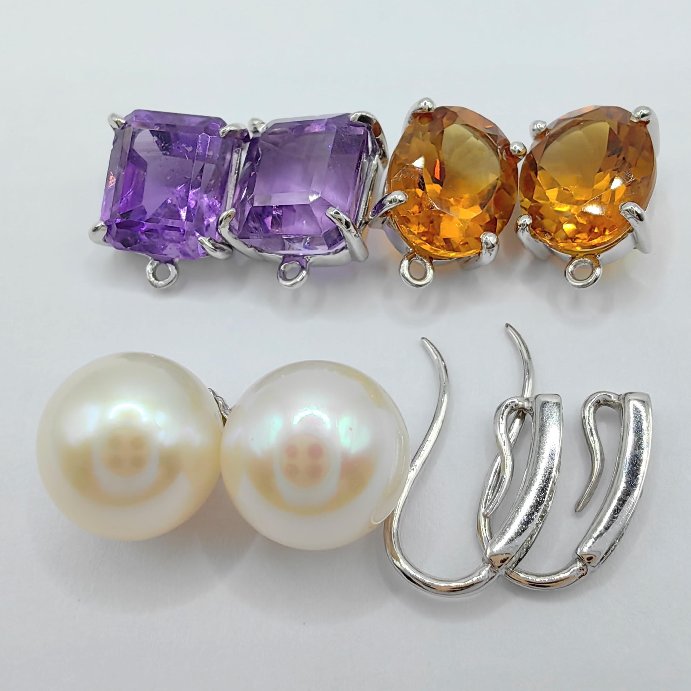 Contemporary 3-in-1 Amethyst/Citrine/Pearl Diamond 18K White Gold Drop Earrings Gift Set For Sale