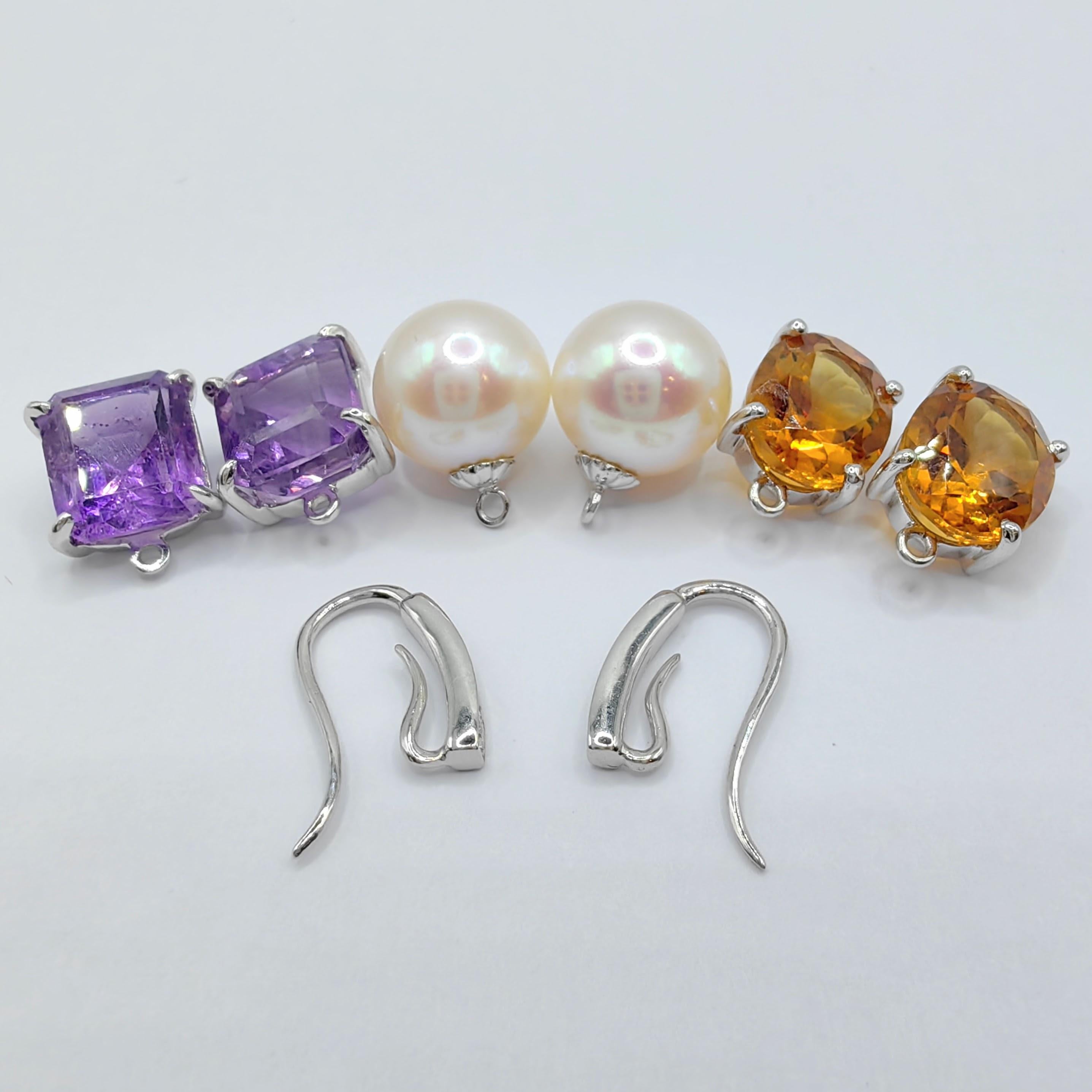 Round Cut 3-in-1 Amethyst/Citrine/Pearl Diamond 18K White Gold Drop Earrings Gift Set For Sale