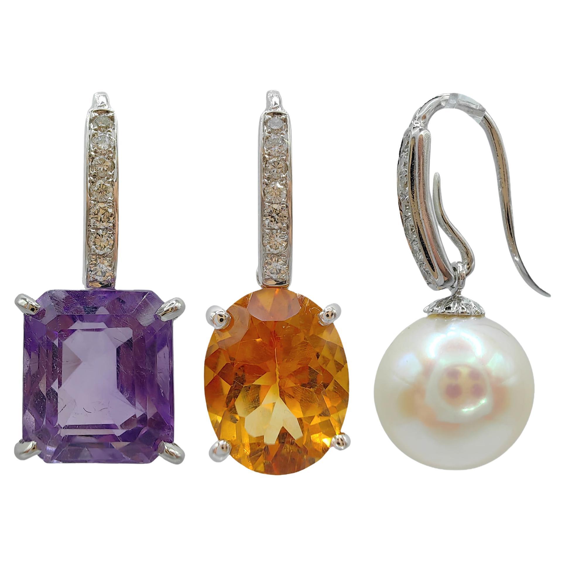 3-in-1 Amethyst/Citrine/Pearl Diamond 18K White Gold Drop Earrings Gift Set For Sale