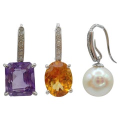 3-in-1 Amethyst/Citrine/Pearl Diamond 18K White Gold Drop Earrings Gift Set