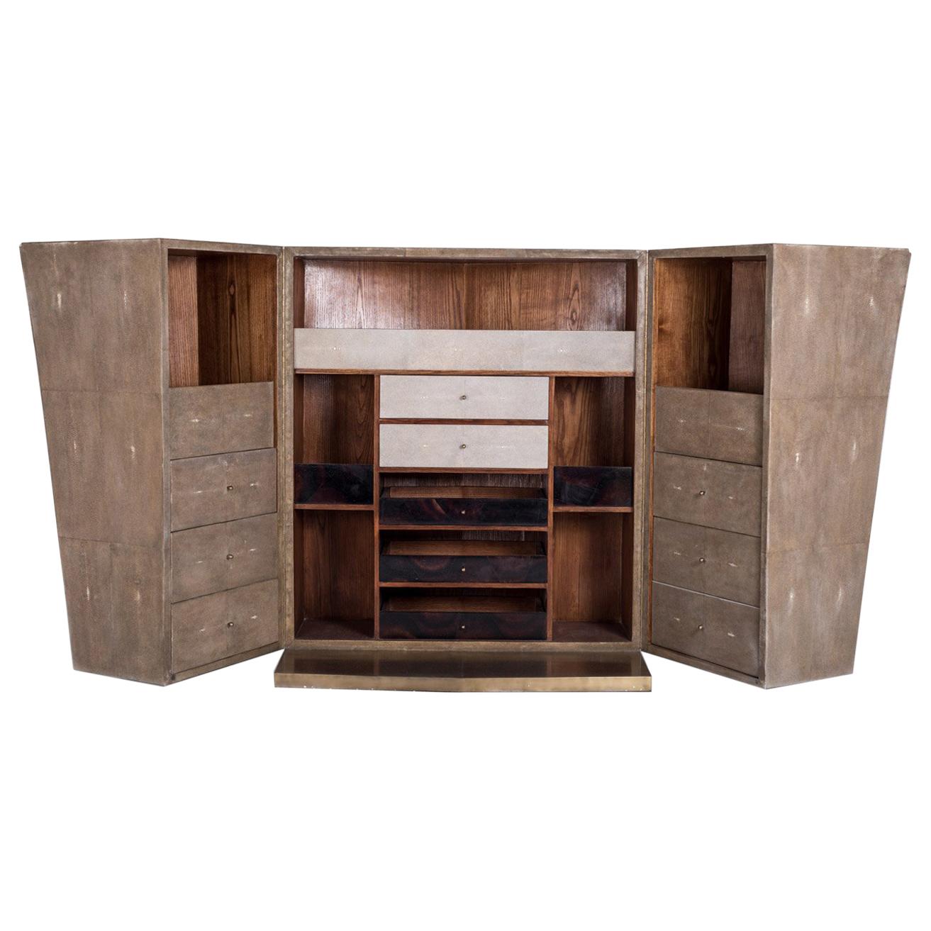 3 in 1 Bar Unit in Mink Shagreen & Shell and Bronze-Patina Brass by R&Y Augousti For Sale