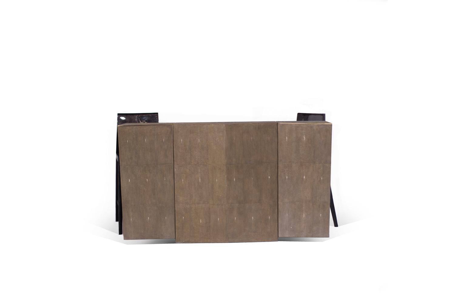 French 3 in 1 Bar Unit in Mink Shagreen & Shell and Bronze-Patina Brass by R&Y Augousti For Sale