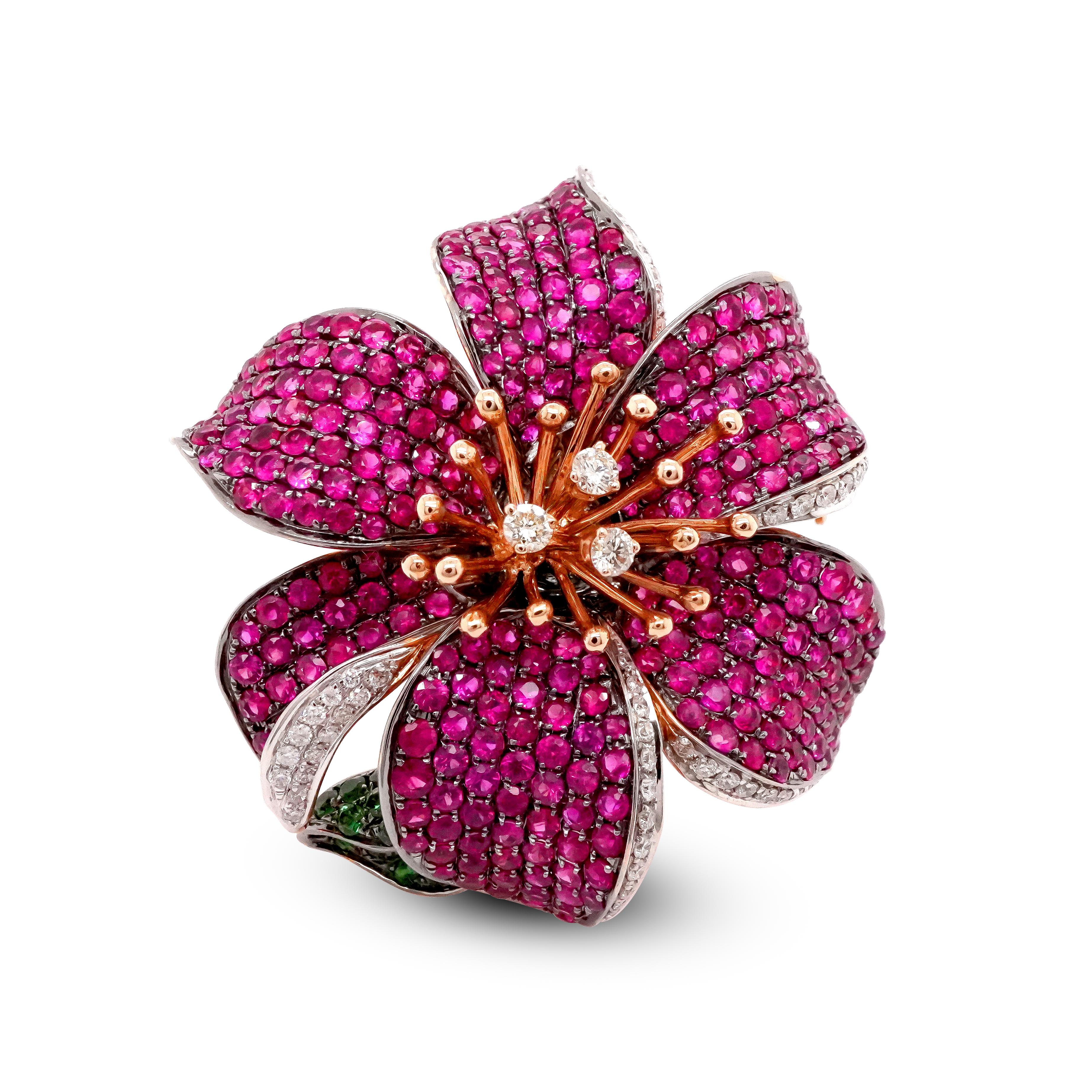 3 in 1 Red Sapphire & Green Garnet with Diamonds Cocktail Ring Brooch & Pendant For Sale