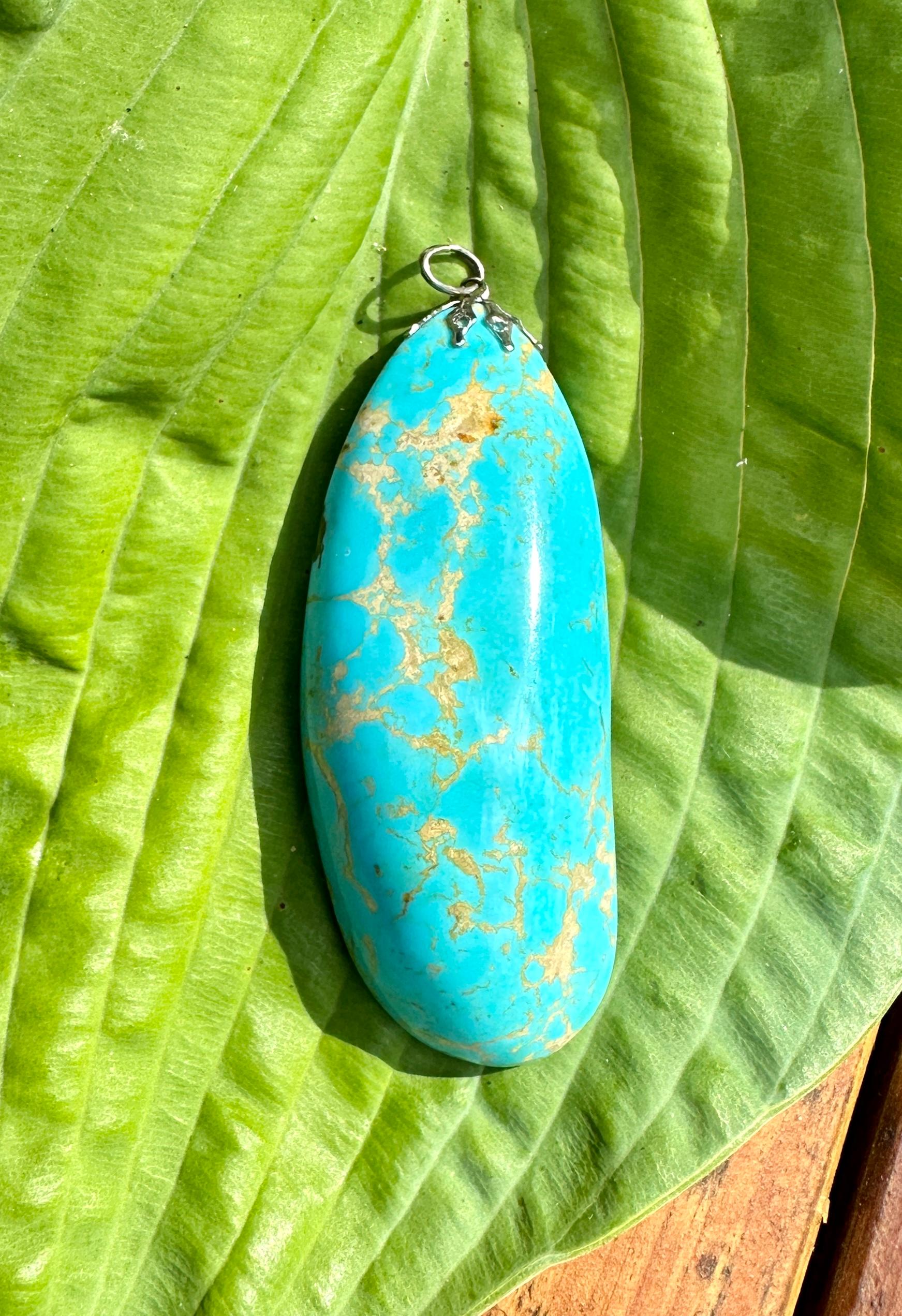 Cabochon 3 Inch Turquoise Pendant Silver Monumental Turquoise Necklace