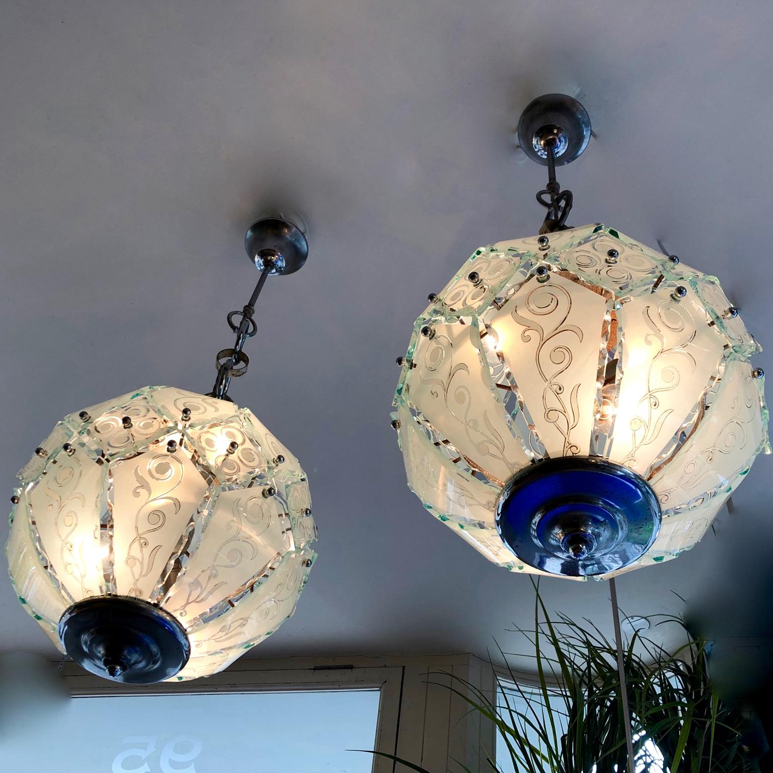 Mid-Century Modern One Midcentury Italian Pastel Aqua Segmented Glass Pendant Ceiling Globe Light