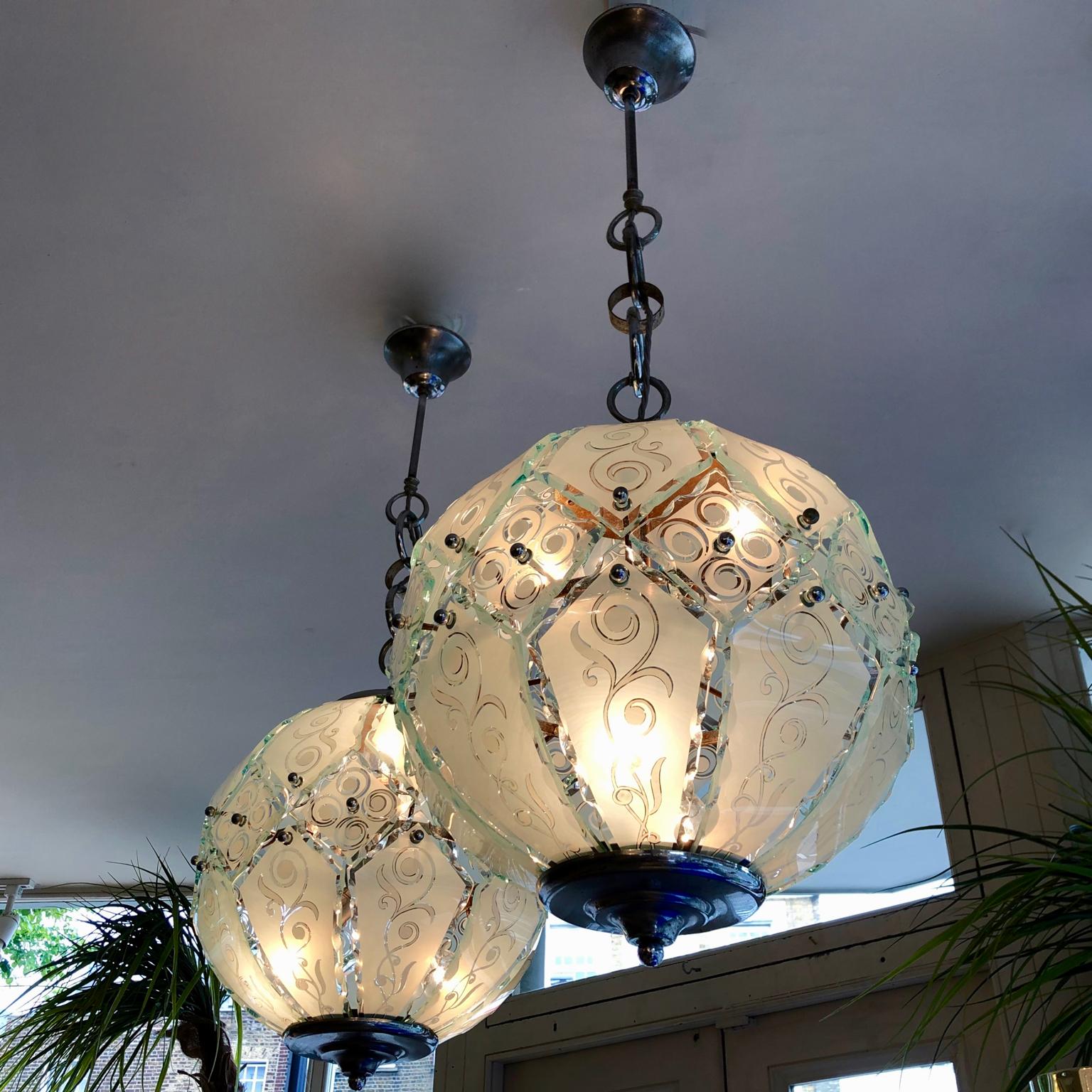 20th Century One Midcentury Italian Pastel Aqua Segmented Glass Pendant Ceiling Globe Light