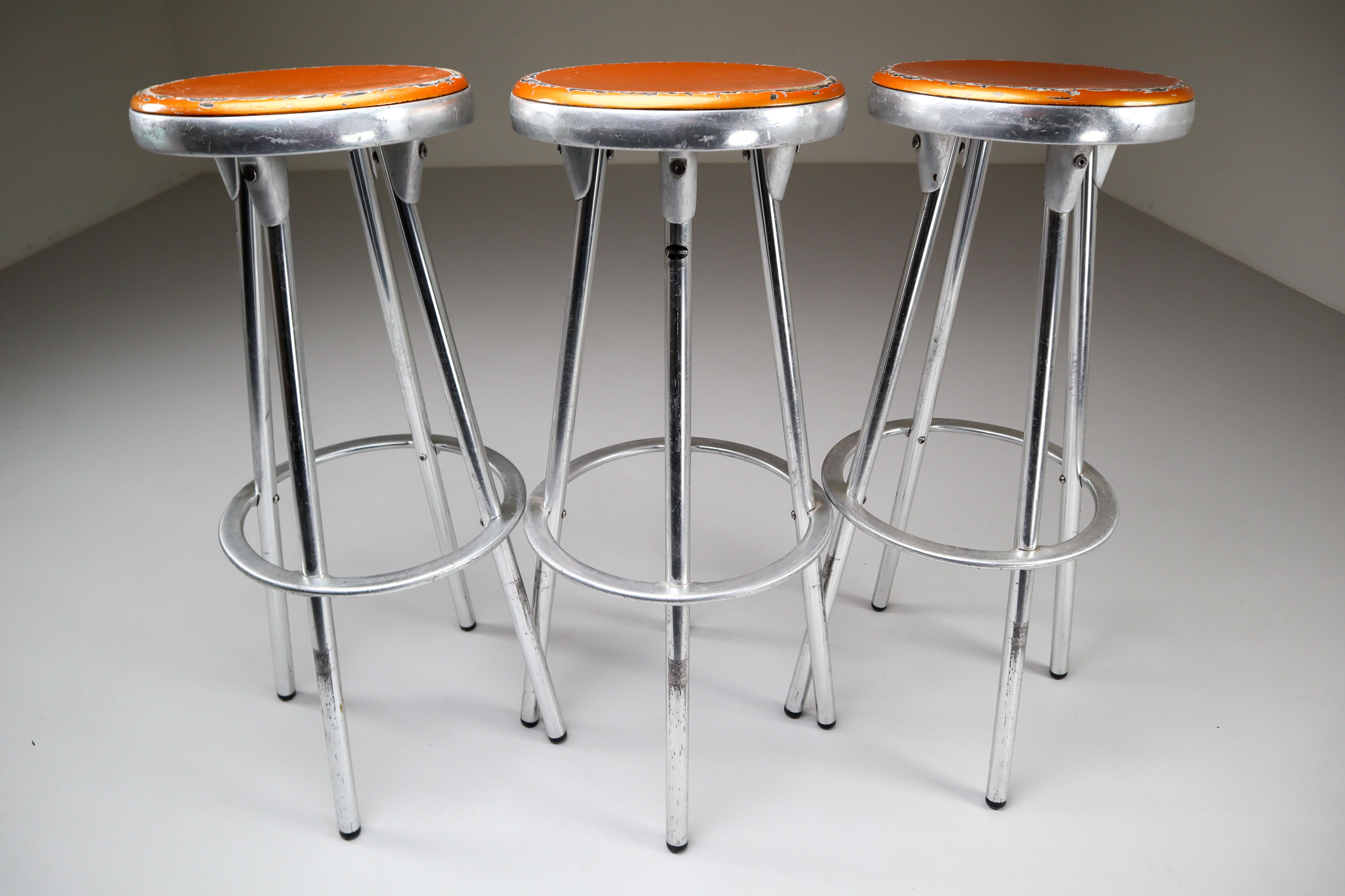 3 Industrial Bar Stools in Aluminum by Joan Casas Y Ortinez for Indecasa Spain 1