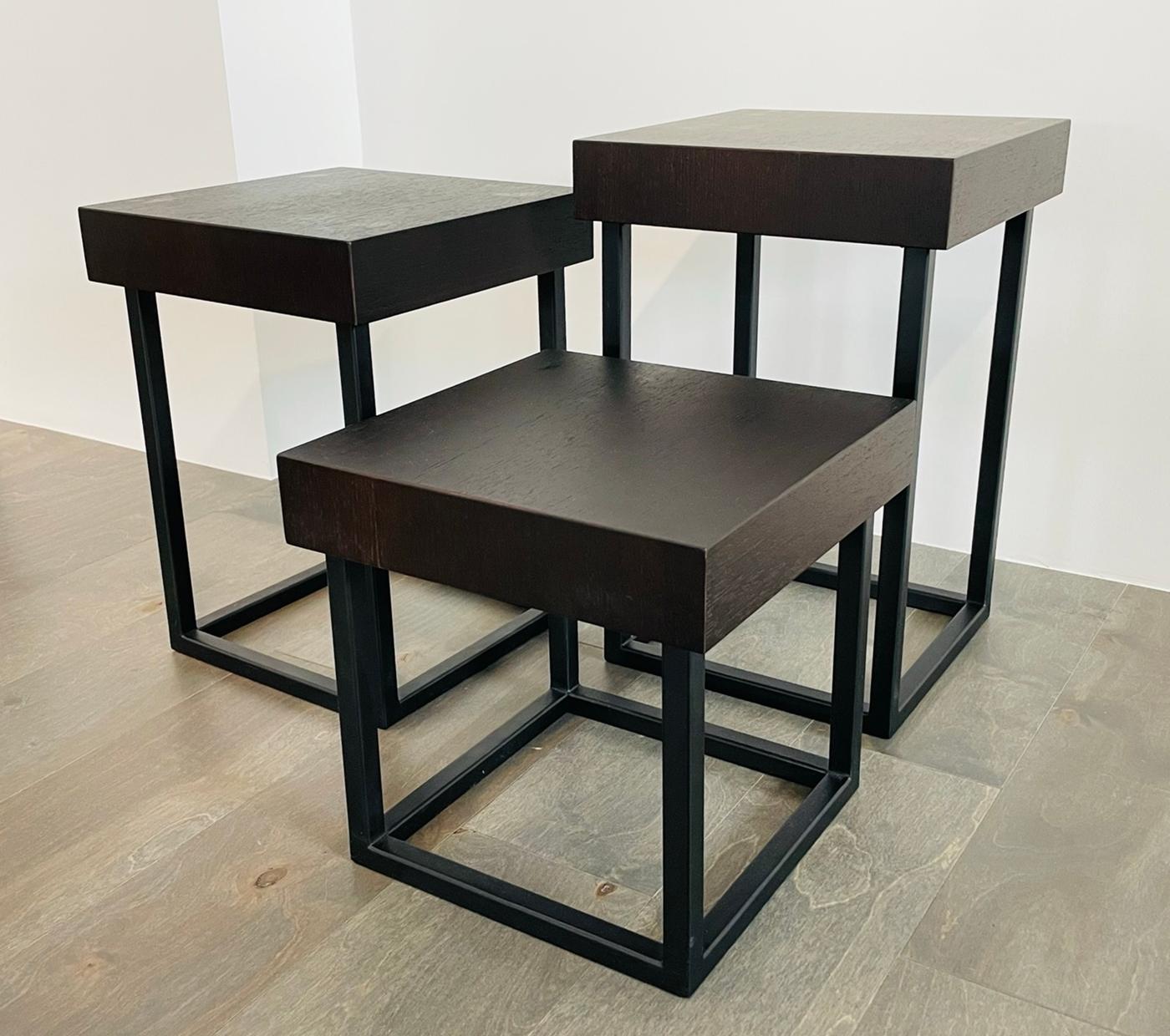 Powder-Coated 3 Iron & Oak Side Tables, Made in the Usa by Cain Studio For Sale