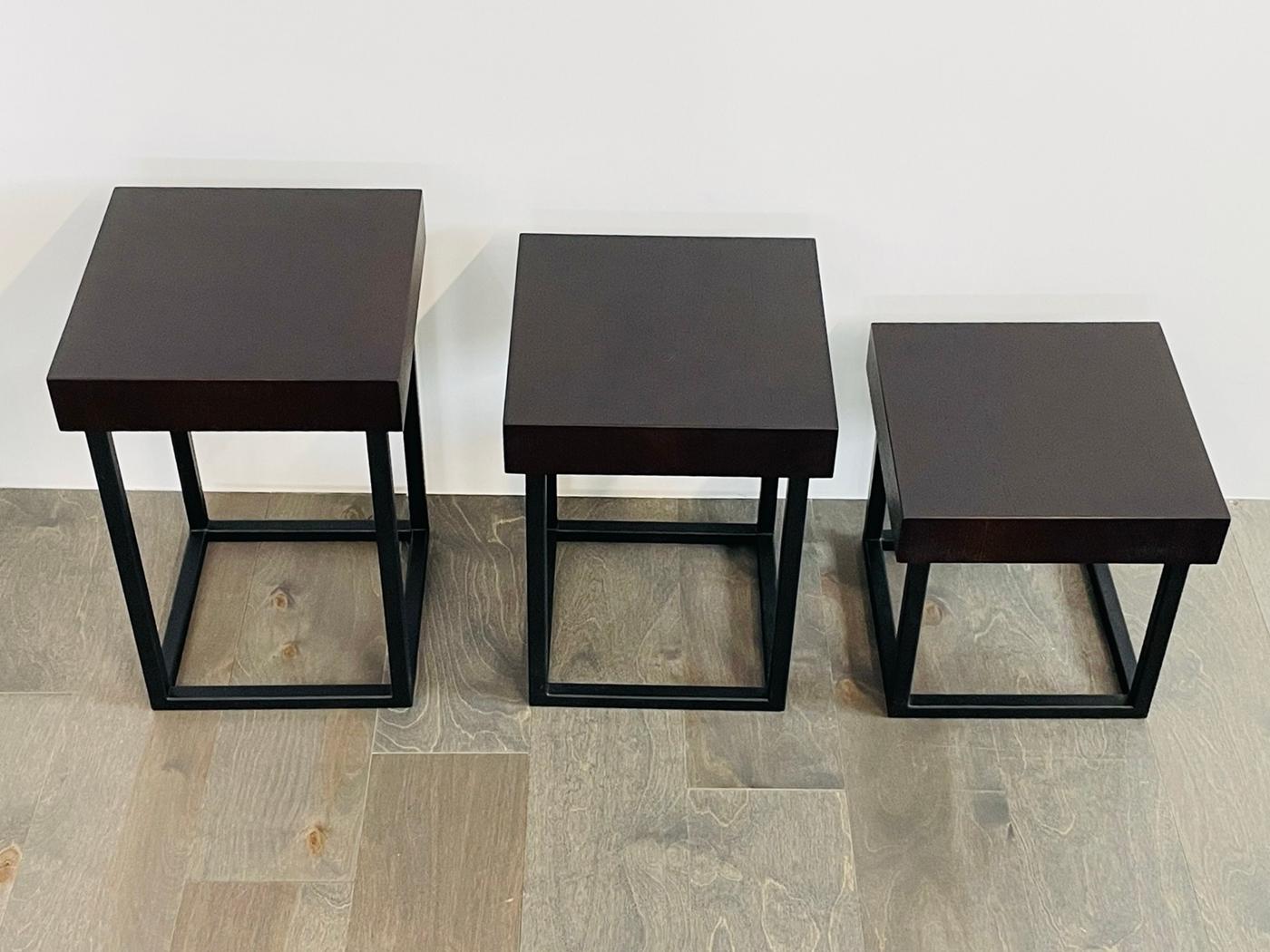 3 Iron & Oak Side Tables, Made in the Usa by Cain Studio In New Condition For Sale In Los Angeles, CA
