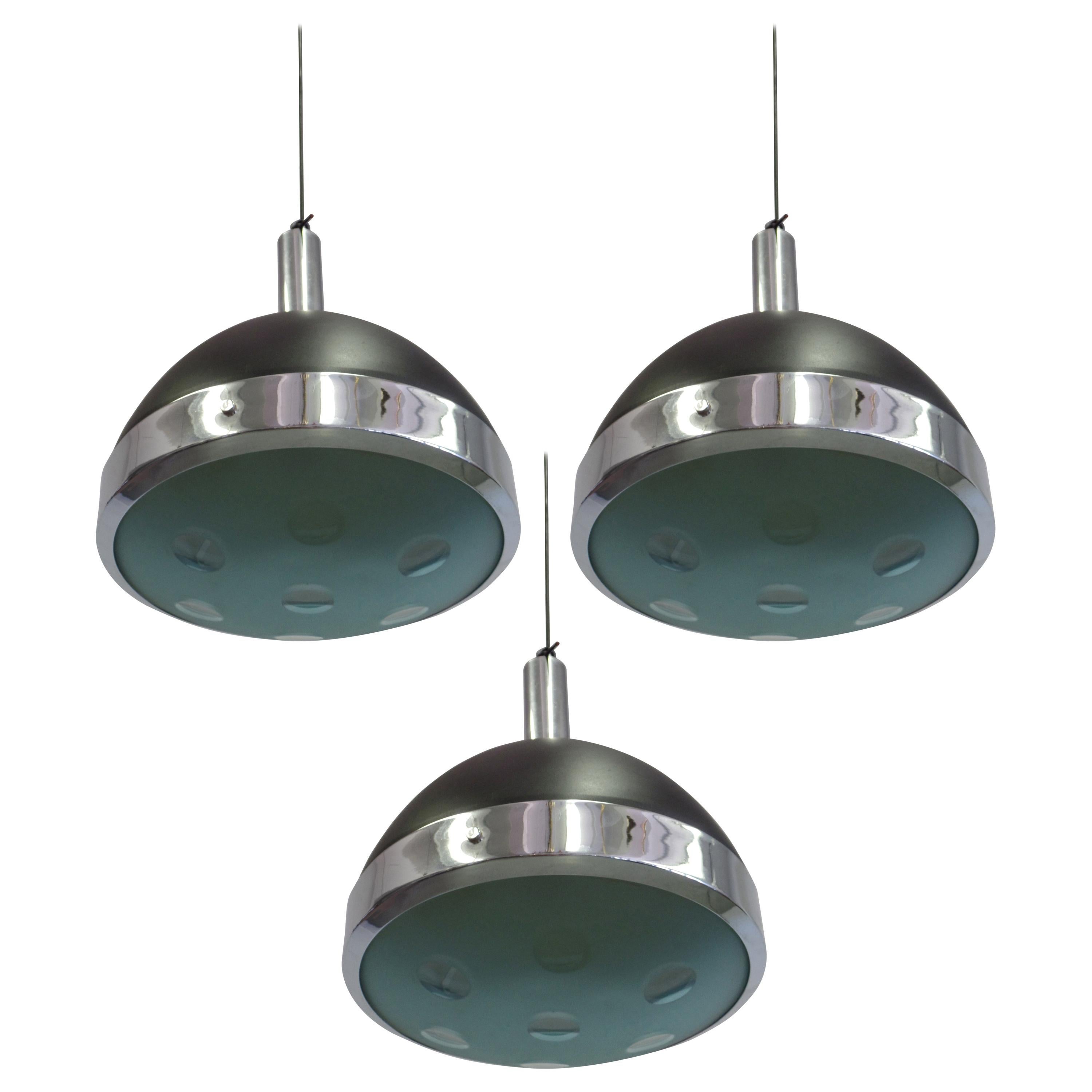 3 Italian Mid-century Modern Etched Glass Pendants, Max Ingrand & Fontana Arte For Sale