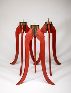 3 Japanese Red Lacquer Candlesticks