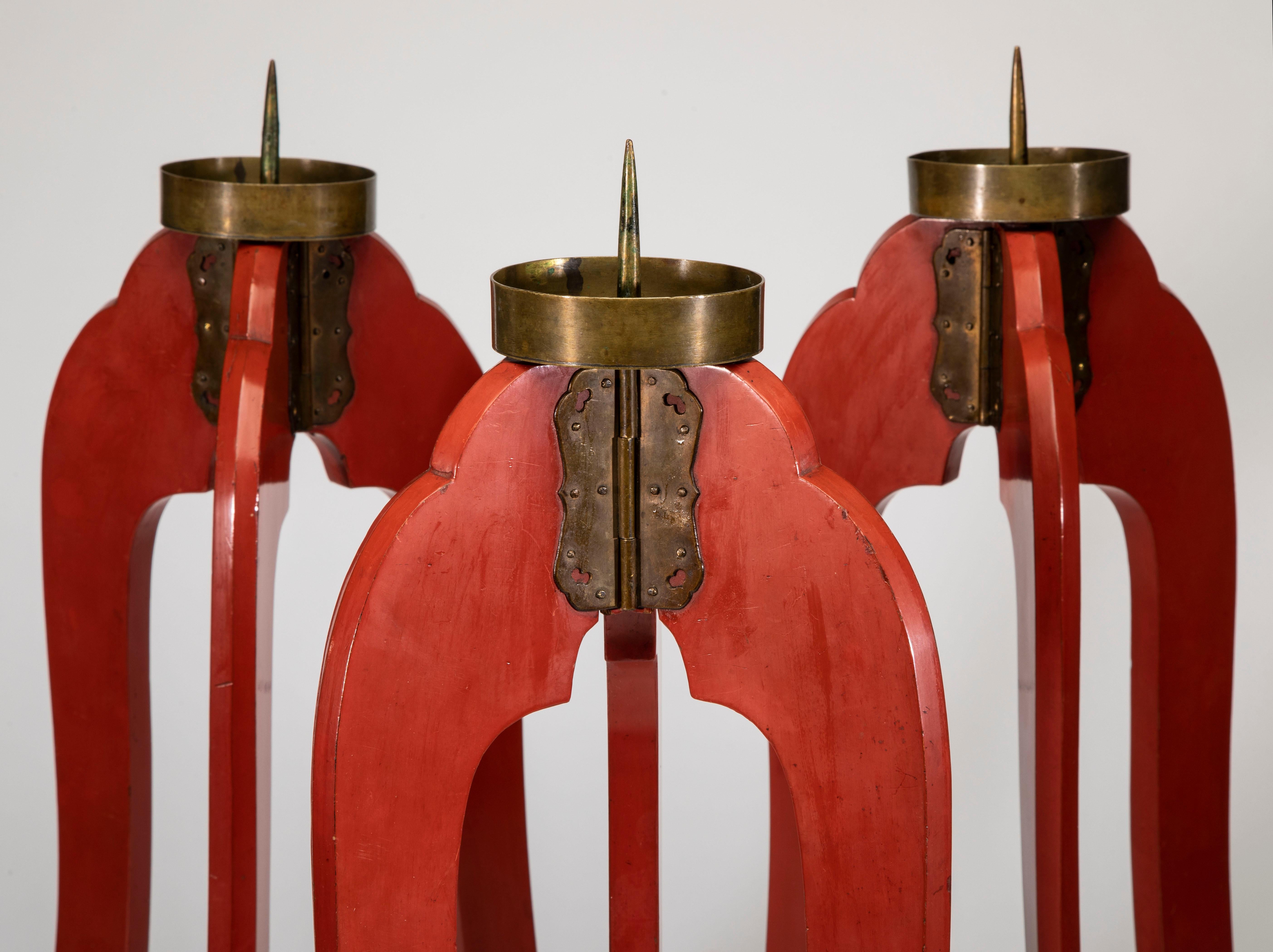 Lacquered 3 Japanese Red Lacquer Candlesticks For Sale
