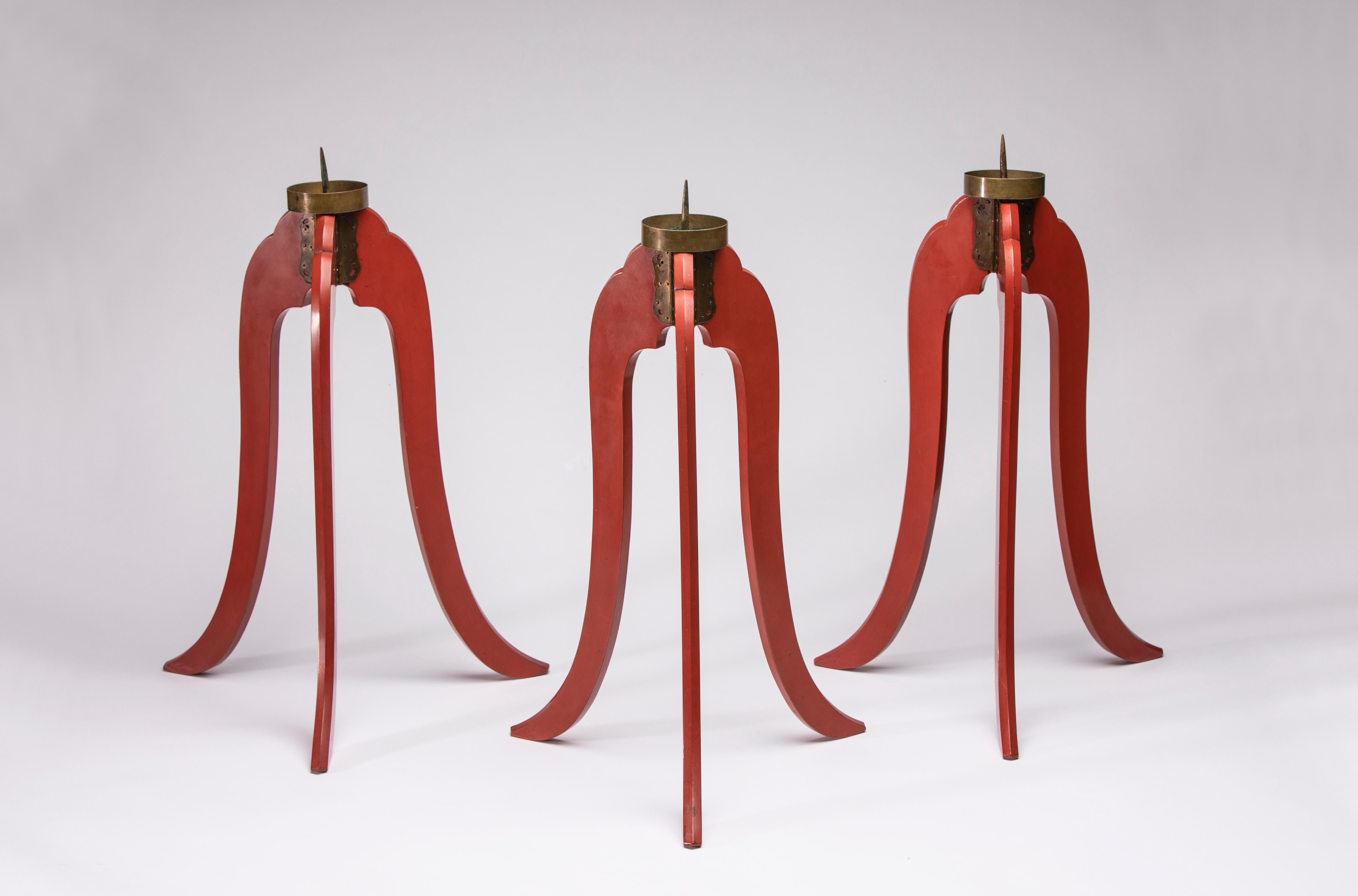 Brass 3 Japanese Red Lacquer Candlesticks For Sale