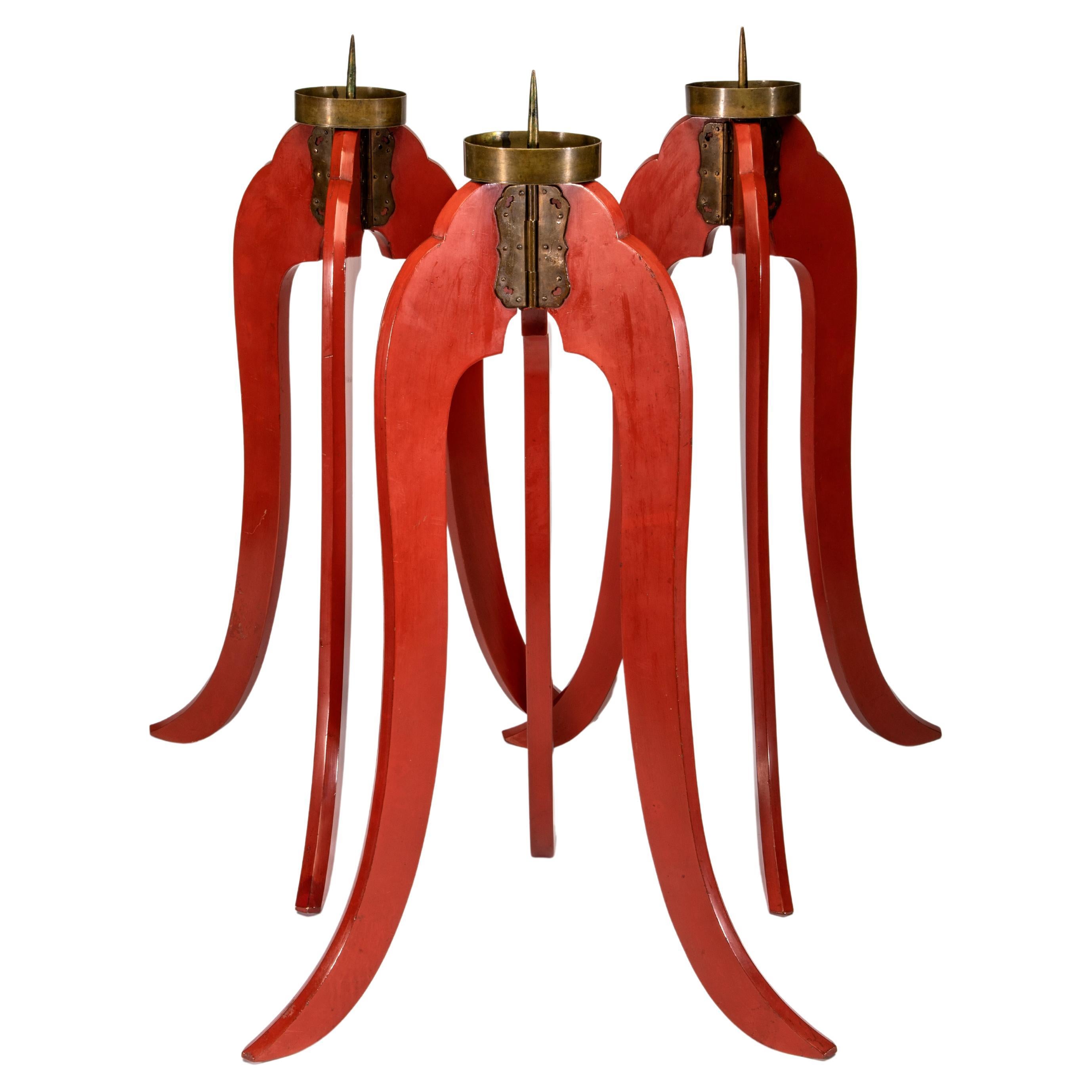 3 Japanese Red Lacquer Candlesticks For Sale