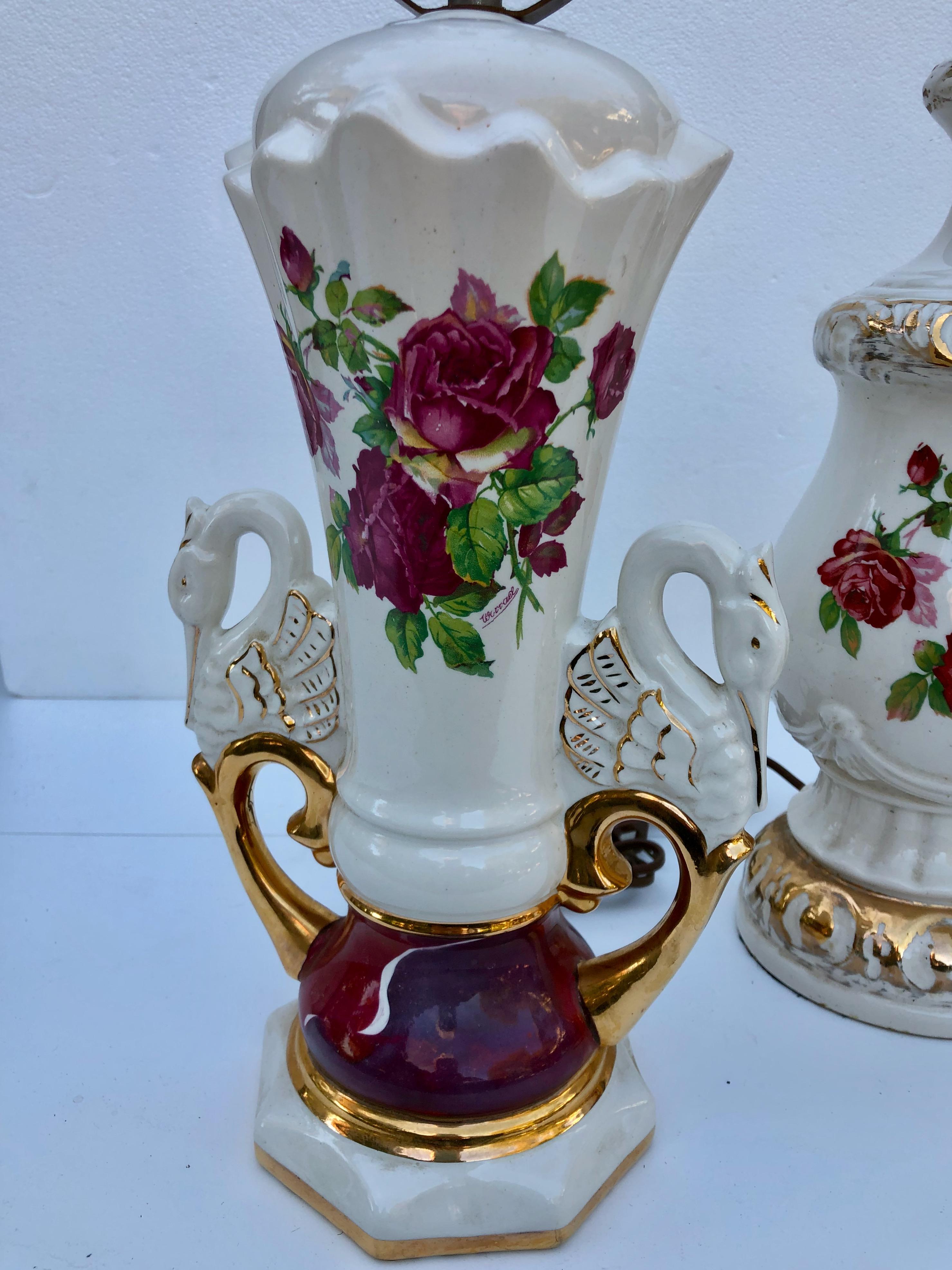 American 3 Jenny Worall Hand Painted Ceramic Table Lamps, 2 Are a Matched Set, Rose Motif For Sale