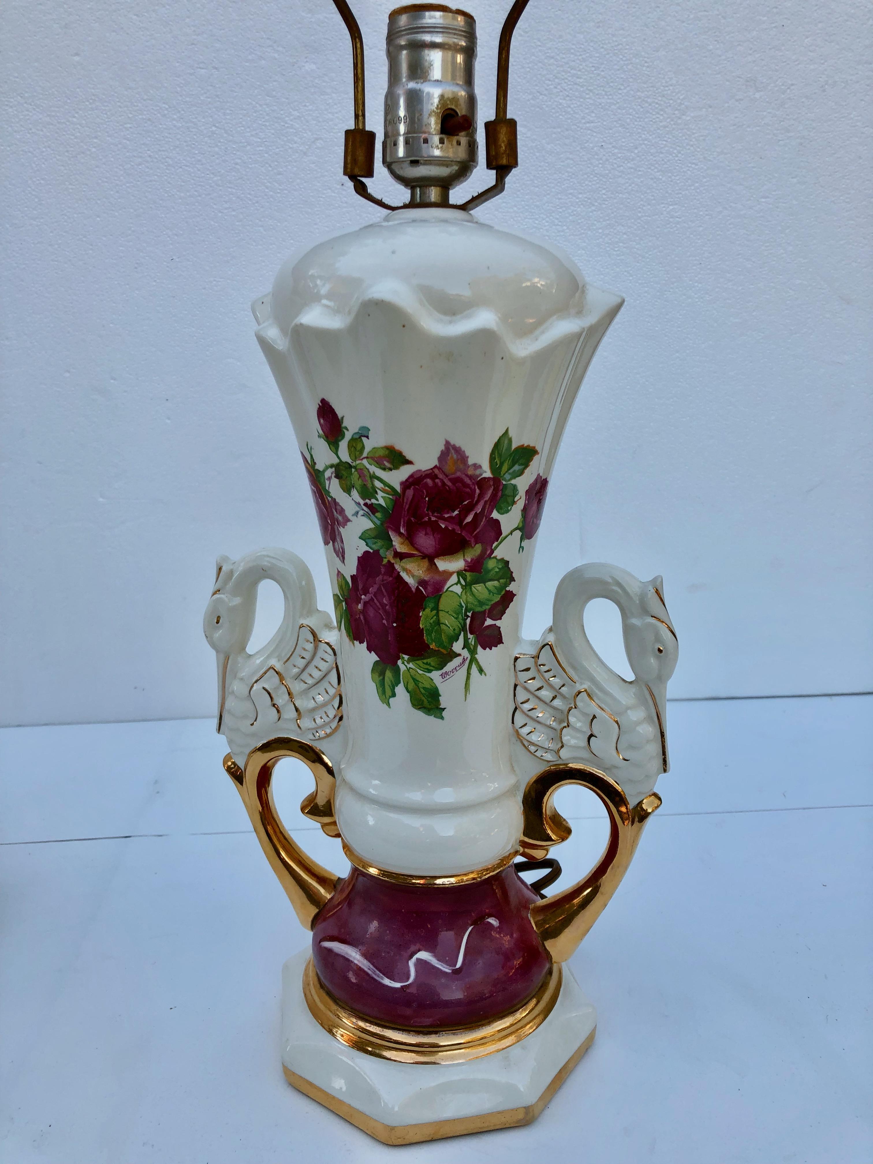 3 Jenny Worall Hand Painted Ceramic Table Lamps, 2 Are a Matched Set, Rose Motif In Good Condition For Sale In Petaluma, CA