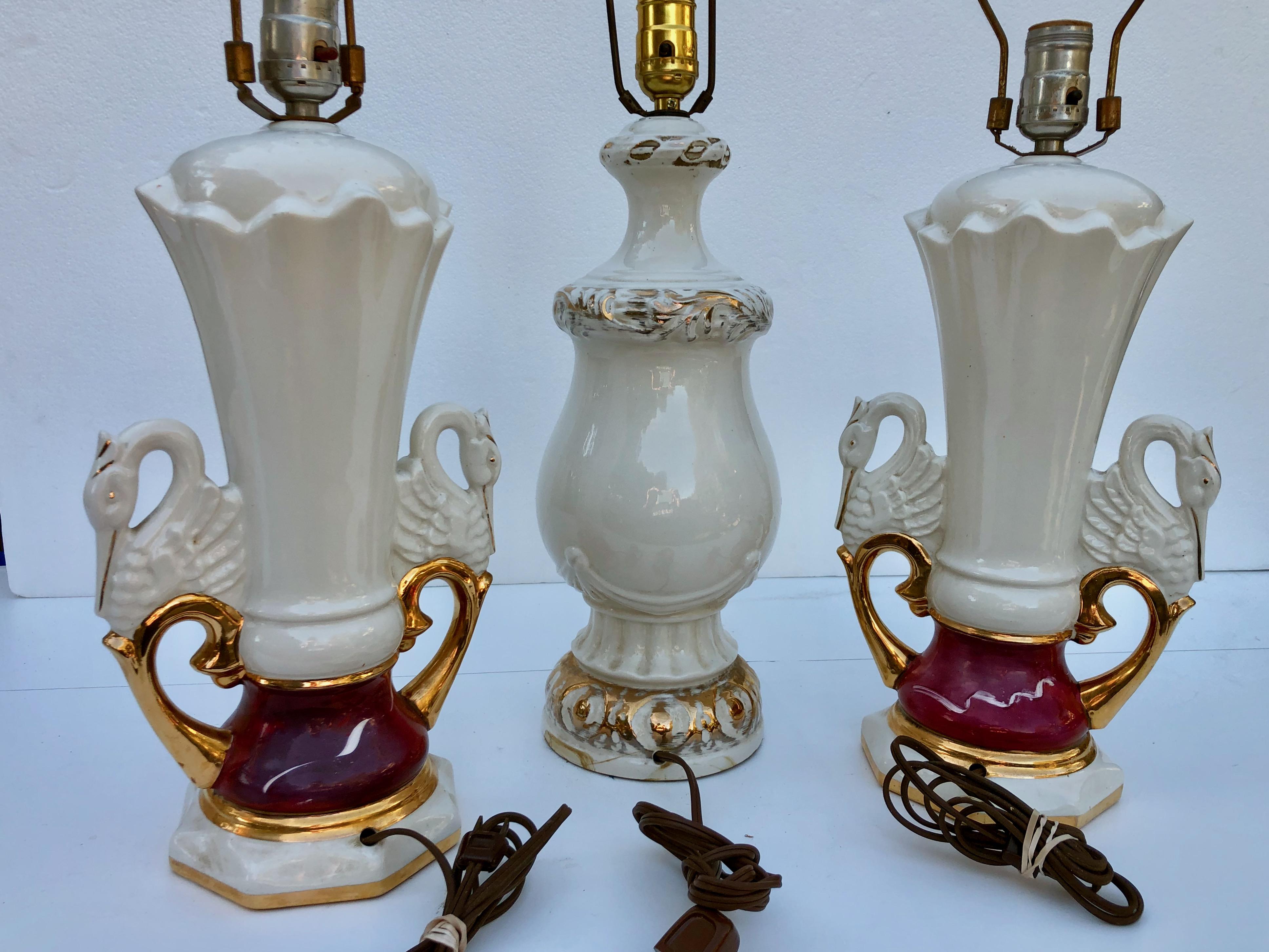 3 Jenny Worall Hand Painted Ceramic Table Lamps, 2 Are a Matched Set, Rose Motif For Sale 1