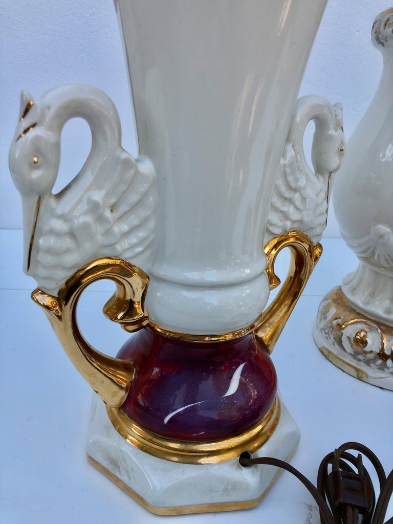 3 Jenny Worall Hand Painted Ceramic Table Lamps, 2 Are a Matched Set, Rose Motif For Sale at 1stDibs