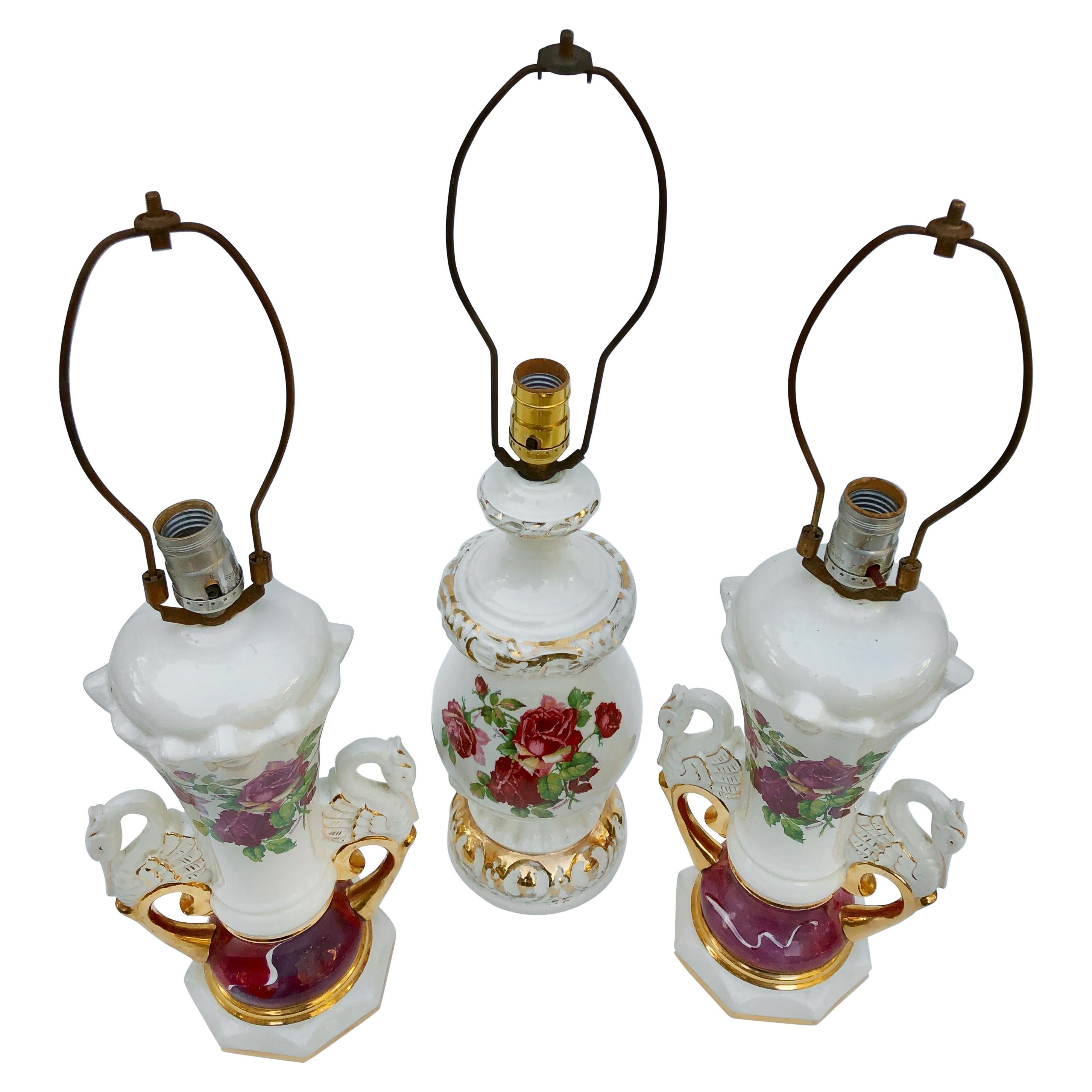 3 Jenny Worall Hand Painted Ceramic Table Lamps, 2 Are a Matched Set, Rose Motif For Sale