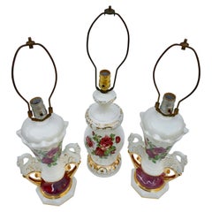 3 Jenny Worall Hand Painted Ceramic Table Lamps, 2 Are a Matched Set, Rose Motif