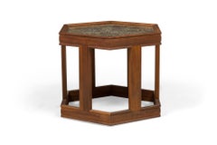 3 John Keal Hexagonal Reverse Painted Glass and Oak Occasional / End Tables