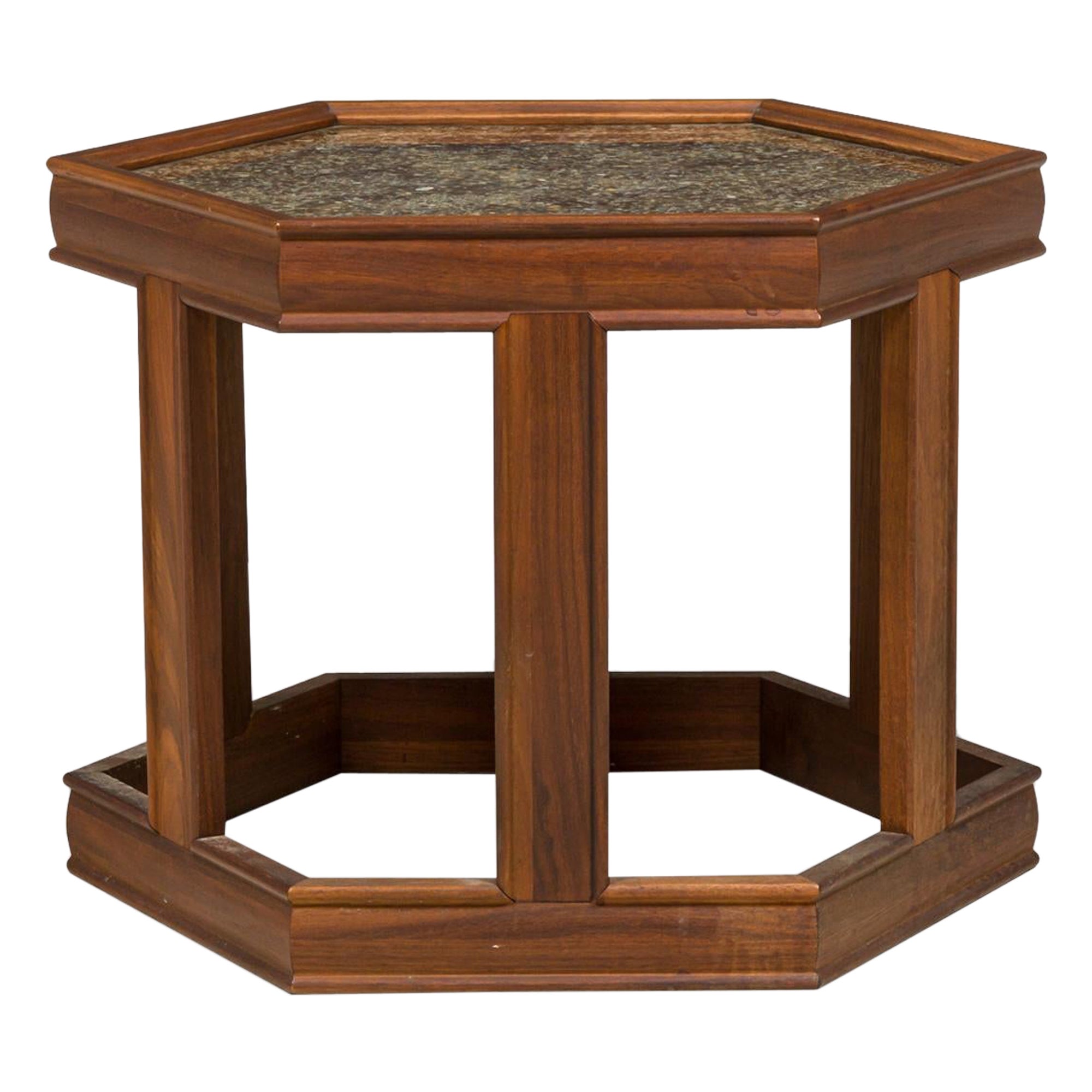 3 John Keal Hexagonal Reverse Painted Glass and Oak Occasional / End Tables