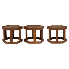 3 John Keal Hexagonal Reverse Painted Glass and Oak Occasional / End Tables