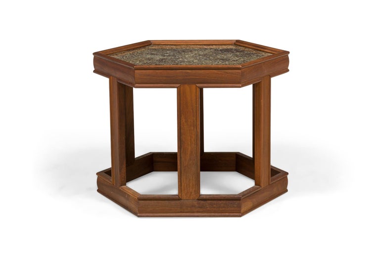 3 John Keal Mid-Century Hexagonal Painted Glass and Oak Occasional / End Tables In Good Condition For Sale In New York, NY