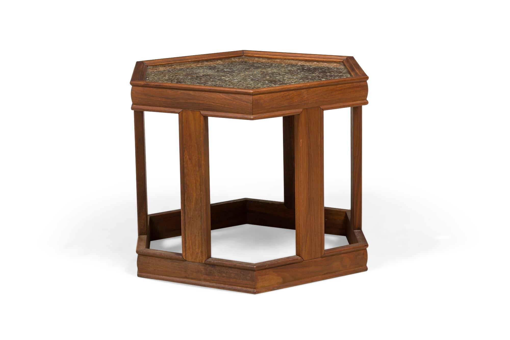 20th Century 3 John Keal Mid-Century Hexagonal Painted Glass and Oak Occasional / End Tables