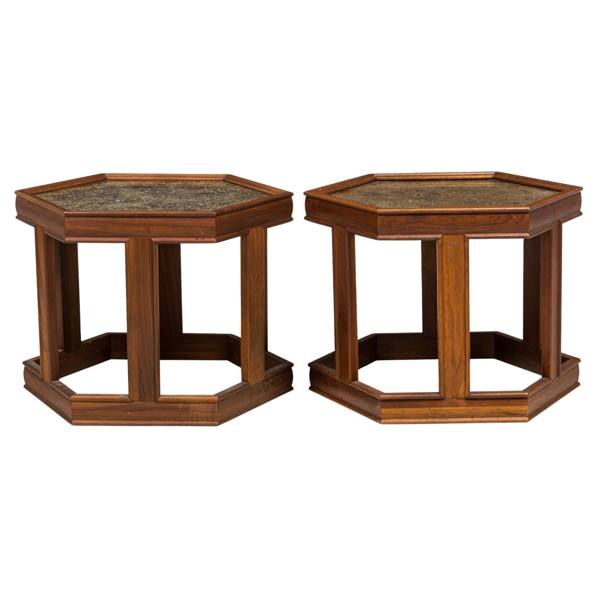 3 John Keal Mid-Century Hexagonal Painted Glass and Oak Occasional / End Tables