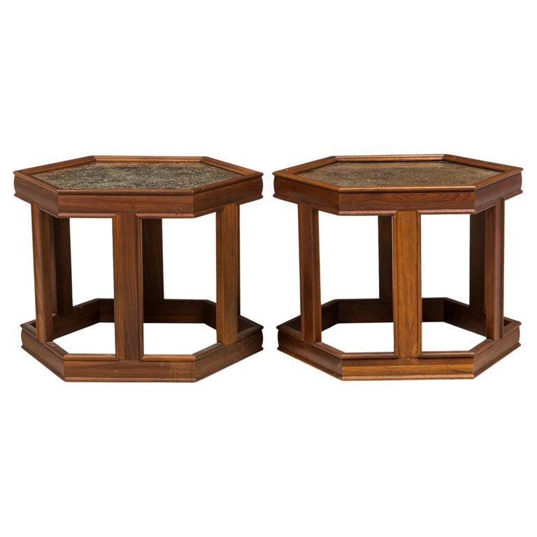 3 John Keal Mid-Century Hexagonal Painted Glass and Oak Occasional / End Tables For Sale