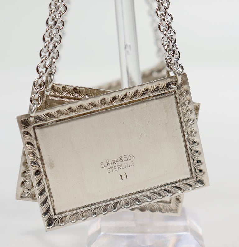 3 Kirk and Son Sterling Silver Unengraved Liquor Labels or Decanter