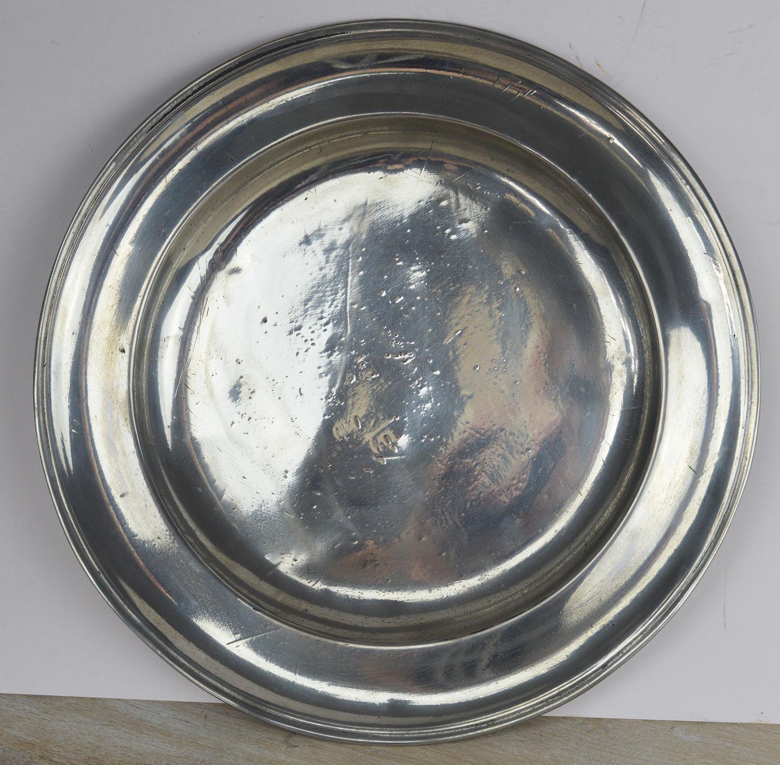 English 3 Large Antique Brightly Polished Pewter Chargers, 18th Century